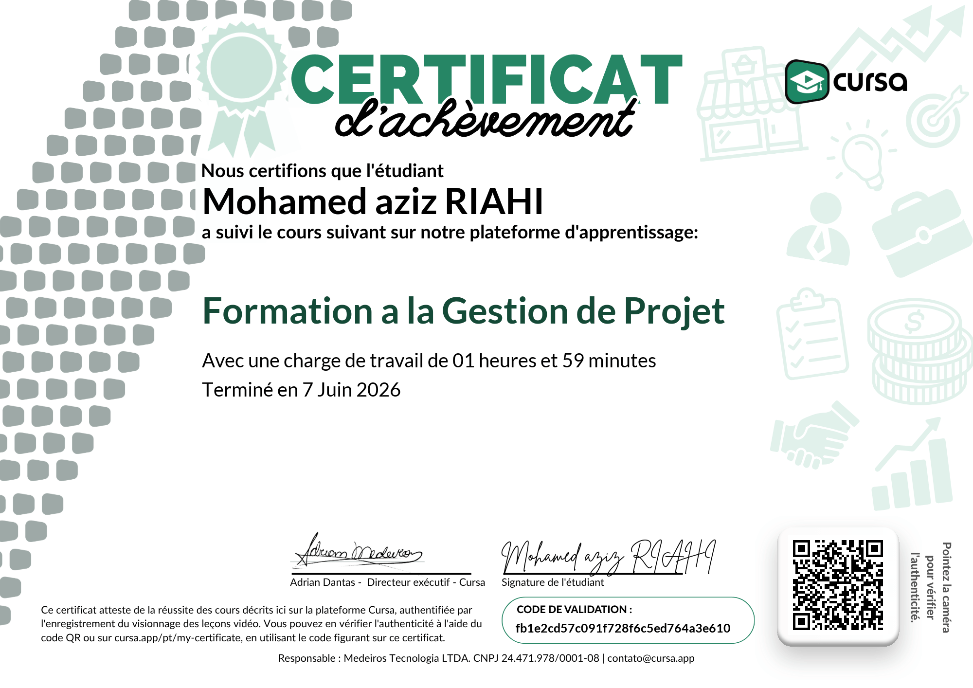 Image de mon certificat de fin de cours gratuit.