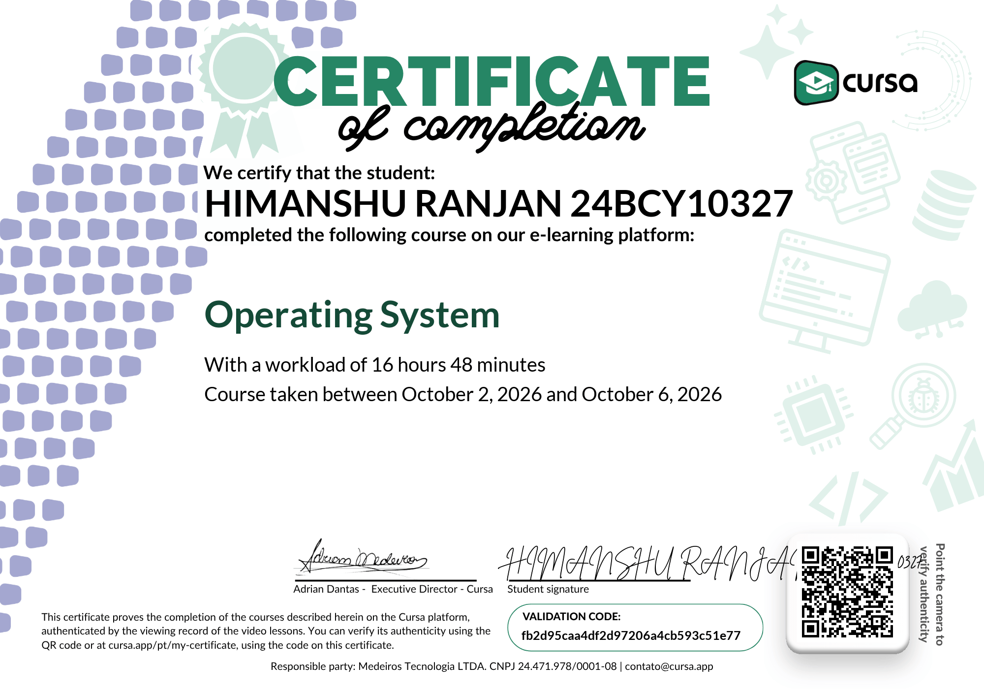 Image of my free Course Completion Certificate.
