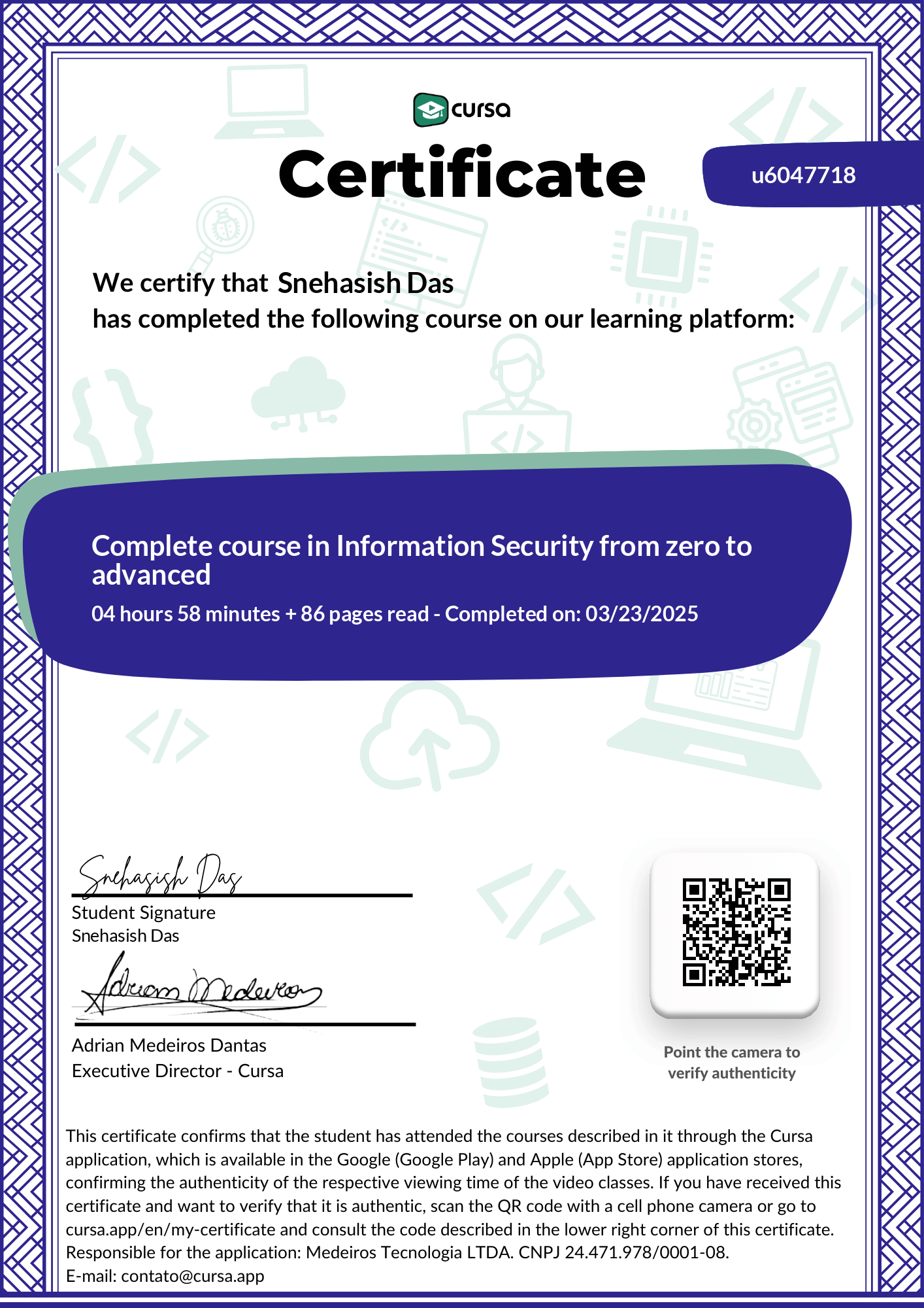 Image of my free Course Completion Certificate.