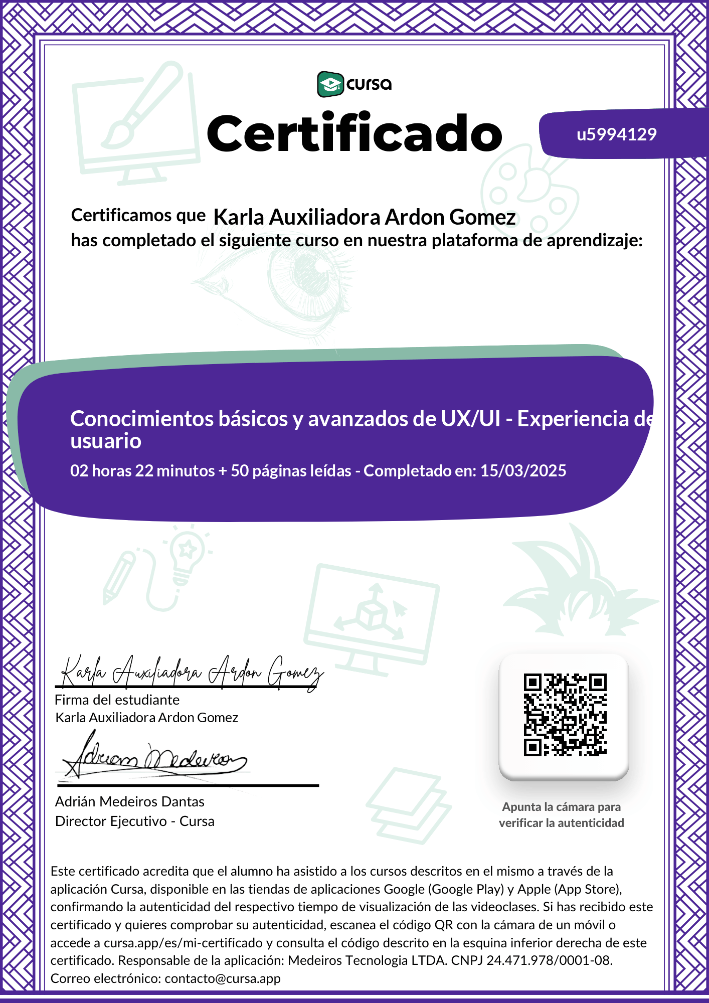 Imagen de mi Certificado de finalización del curso gratuito.