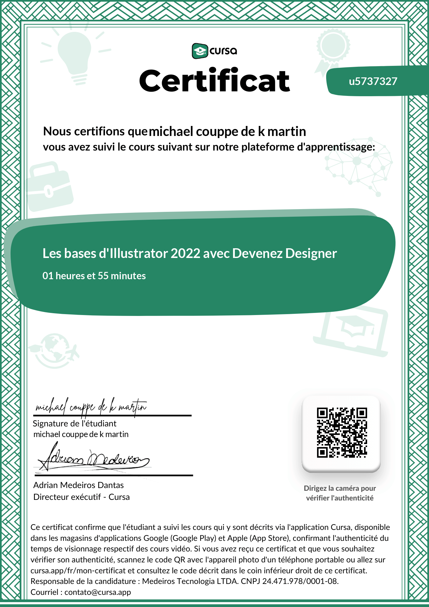 Image de mon certificat de fin de cours gratuit.