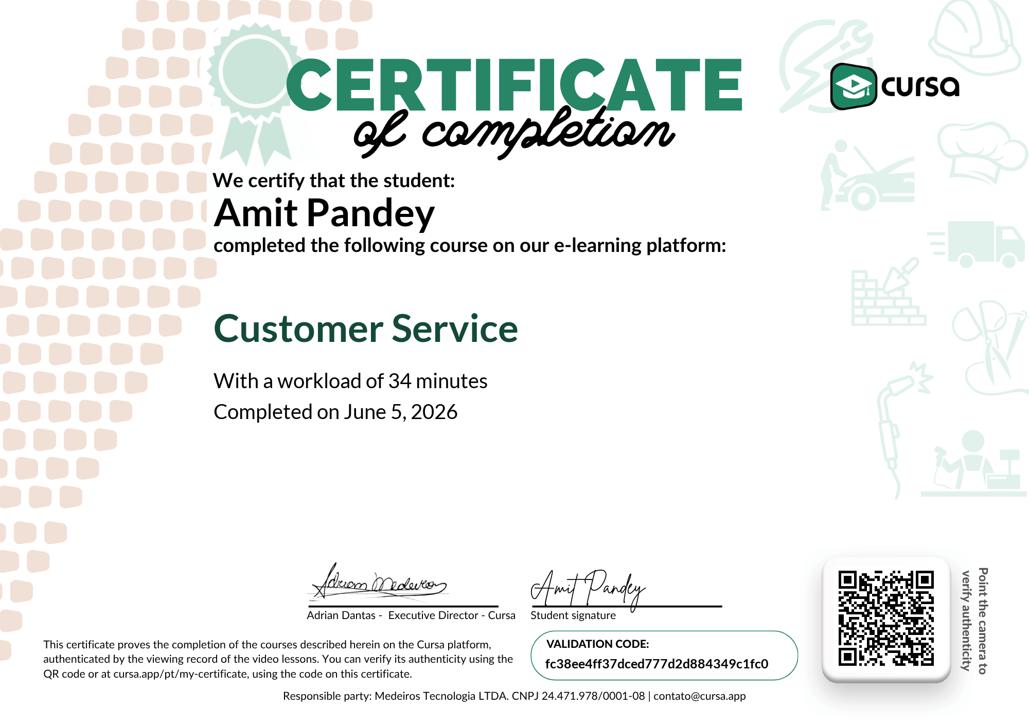 Image of my free Course Completion Certificate.