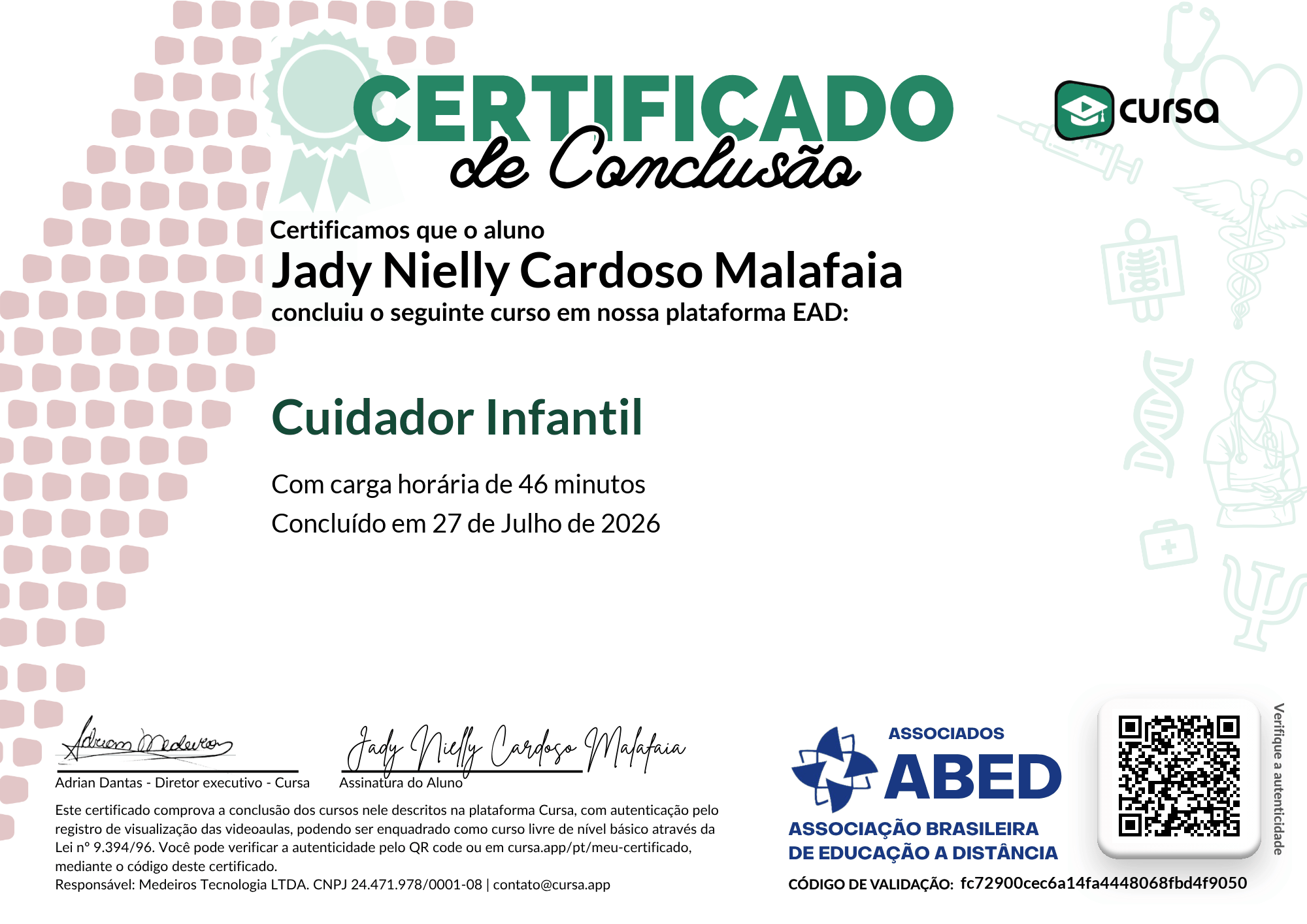 Imagem do meu Certificado gratuito de conclusão de curso.