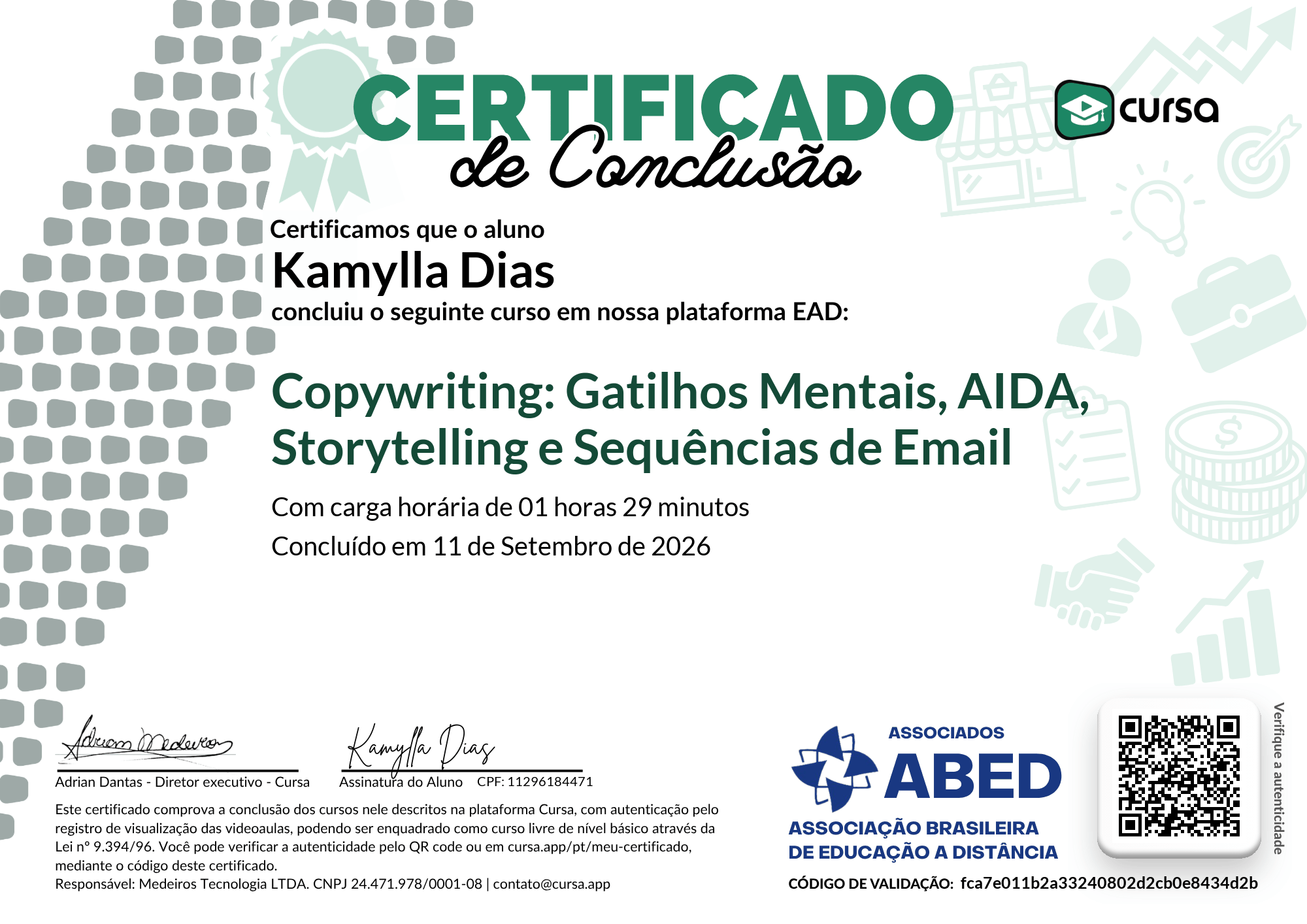 Imagem do meu Certificado gratuito de conclusão de curso.