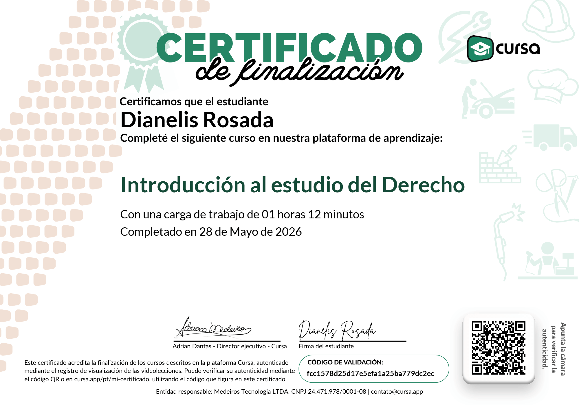 Imagen de mi Certificado de finalización del curso gratuito.