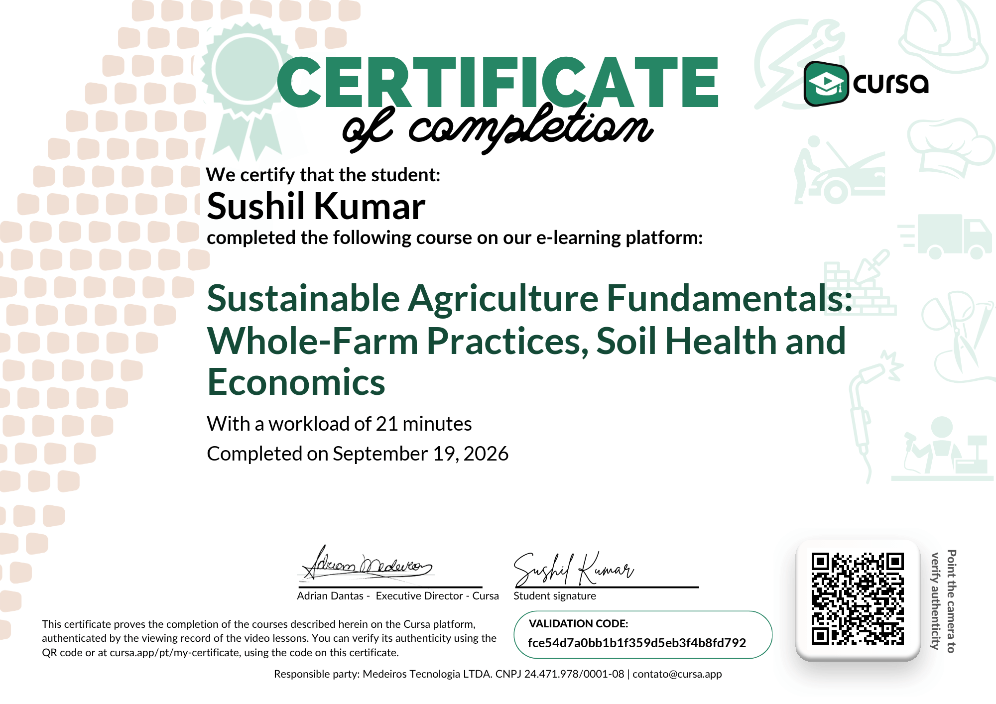 Image of my free Course Completion Certificate.