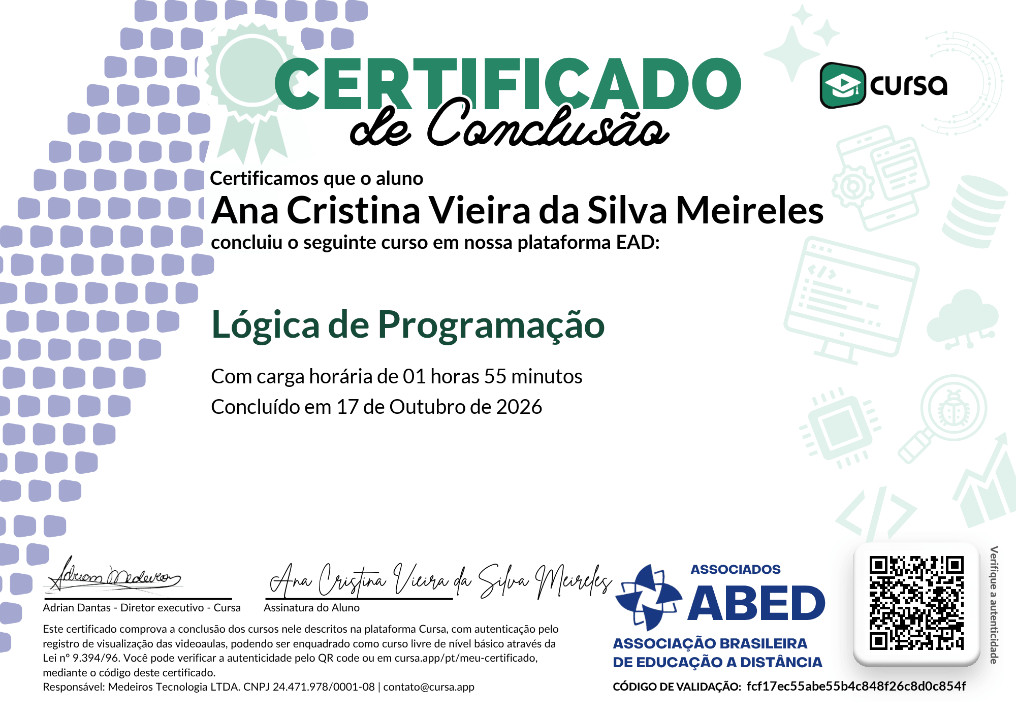 Imagem do meu Certificado gratuito de conclusão de curso.