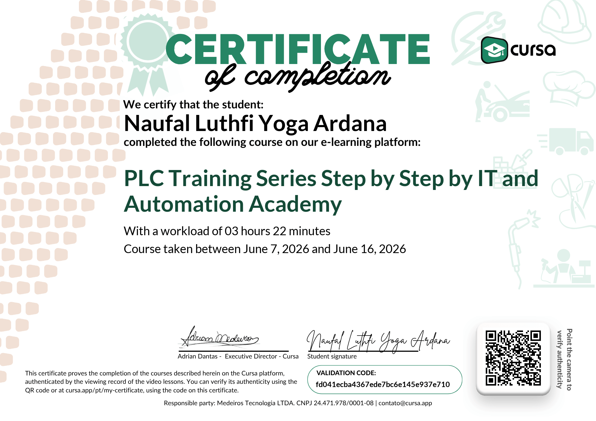 Image of my free Course Completion Certificate.
