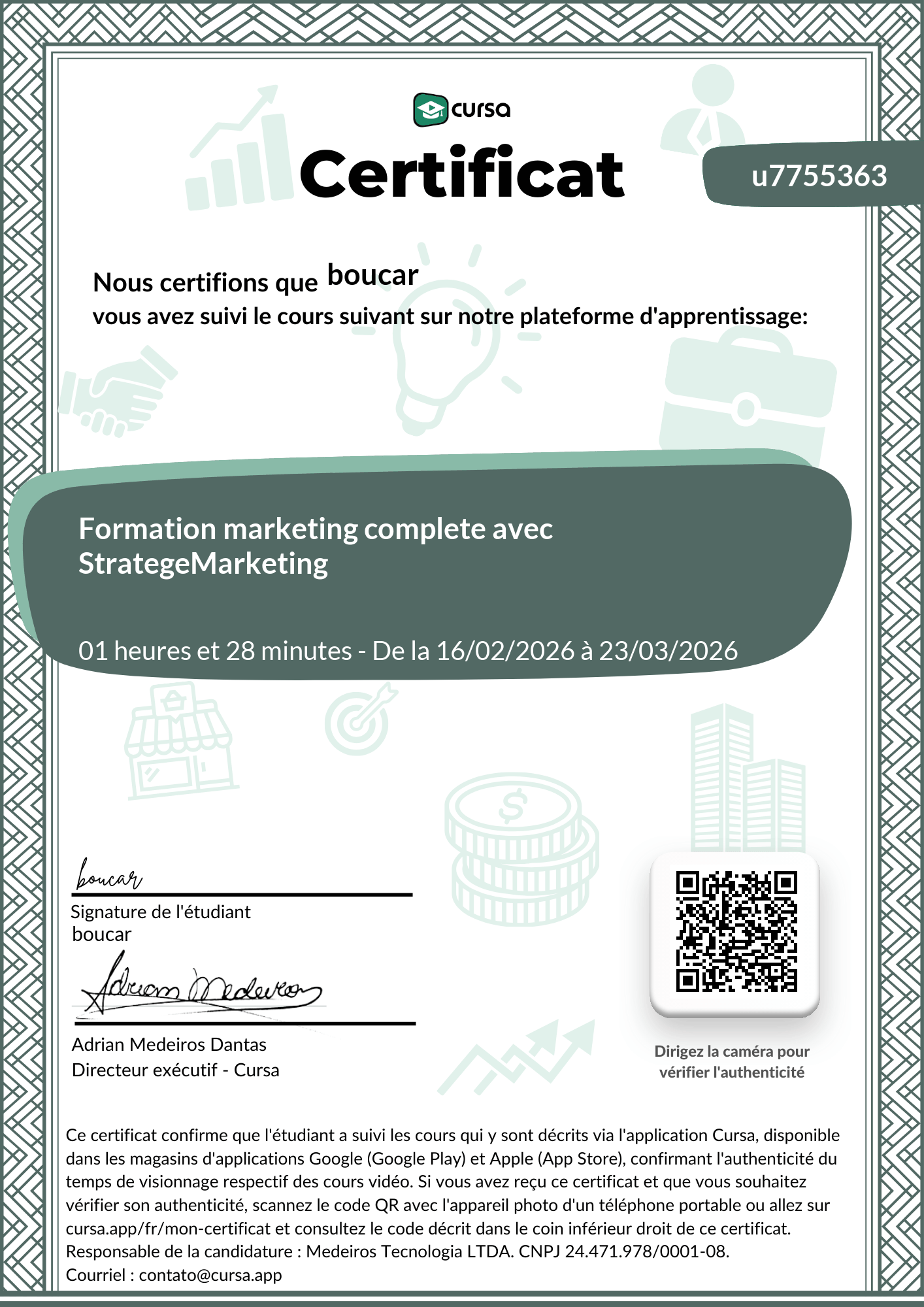 Image de mon certificat de fin de cours gratuit.