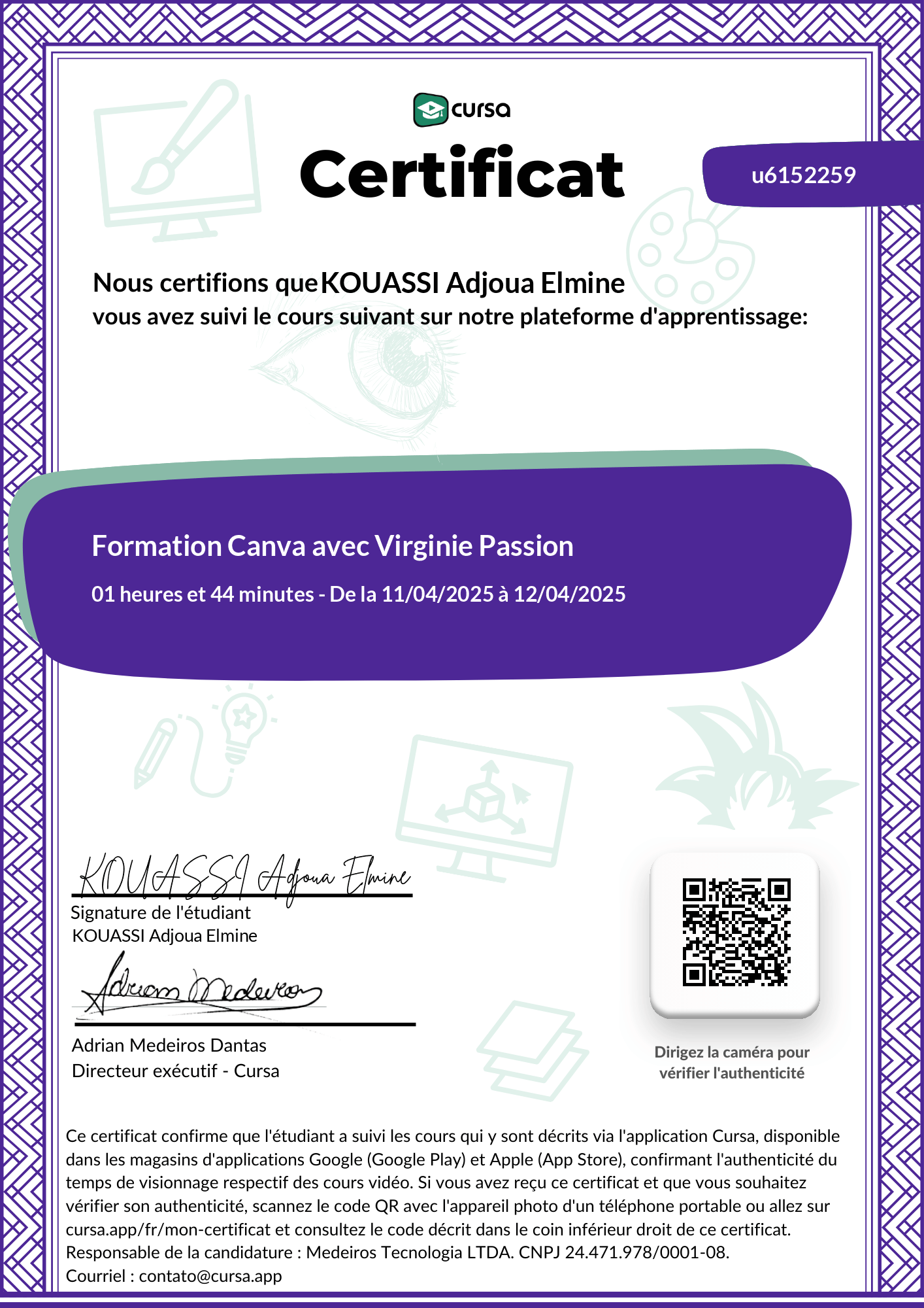 Image de mon certificat de fin de cours gratuit.