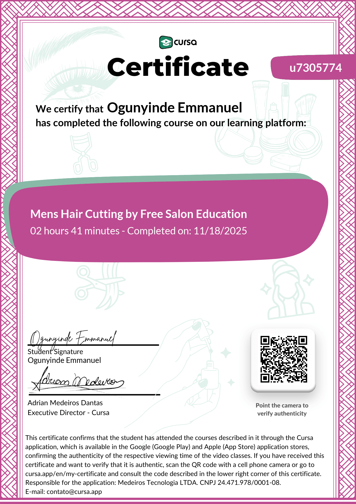 Image of my free Course Completion Certificate.