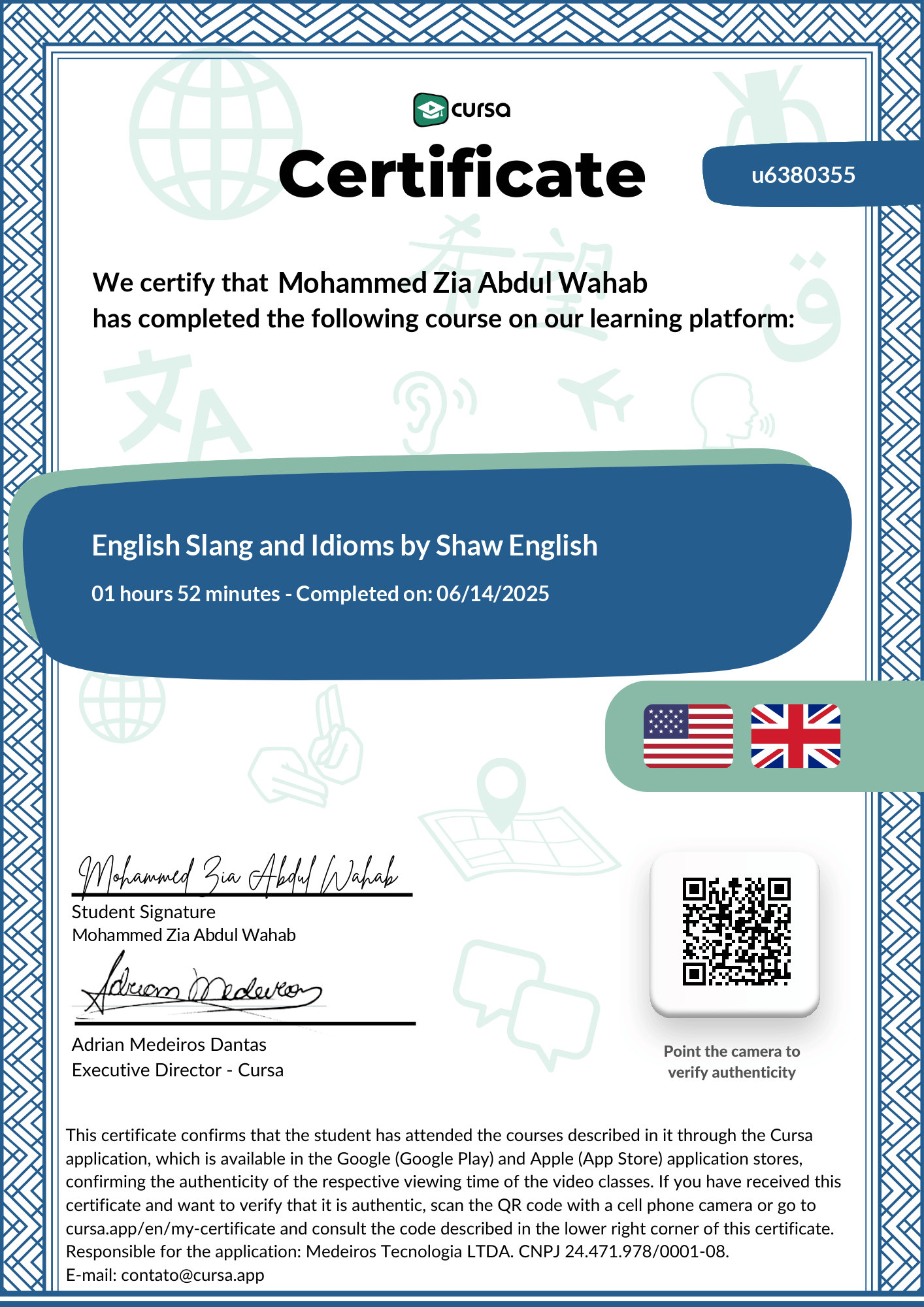 Image of my free Course Completion Certificate.