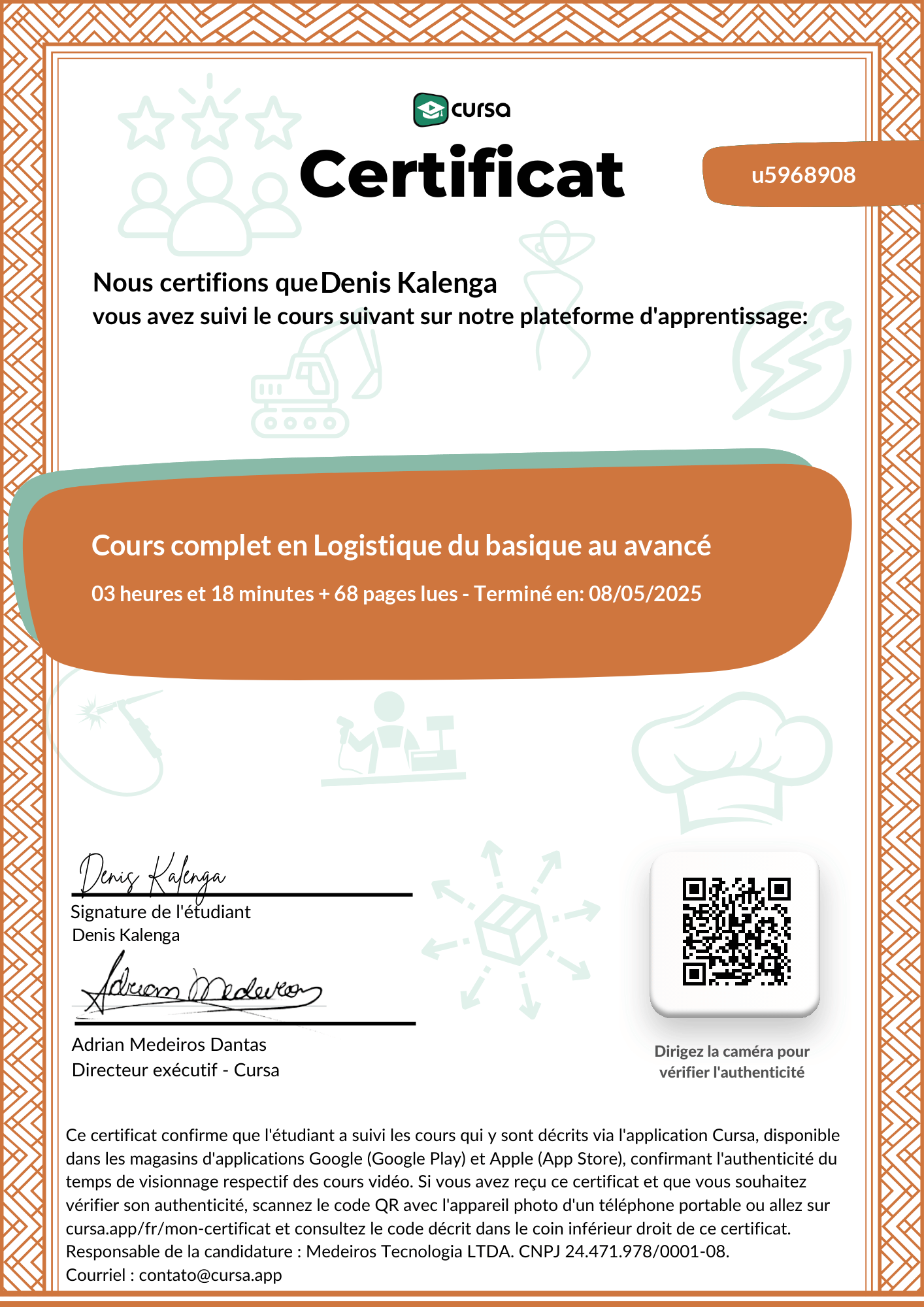 Image de mon certificat de fin de cours gratuit.
