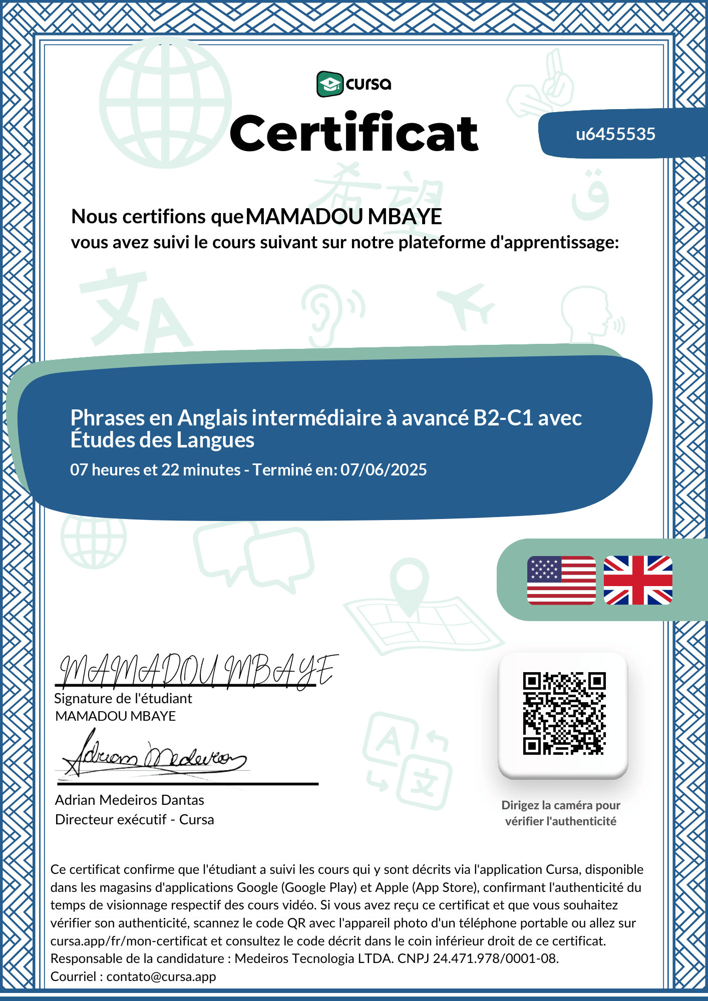 Image de mon certificat de fin de cours gratuit.