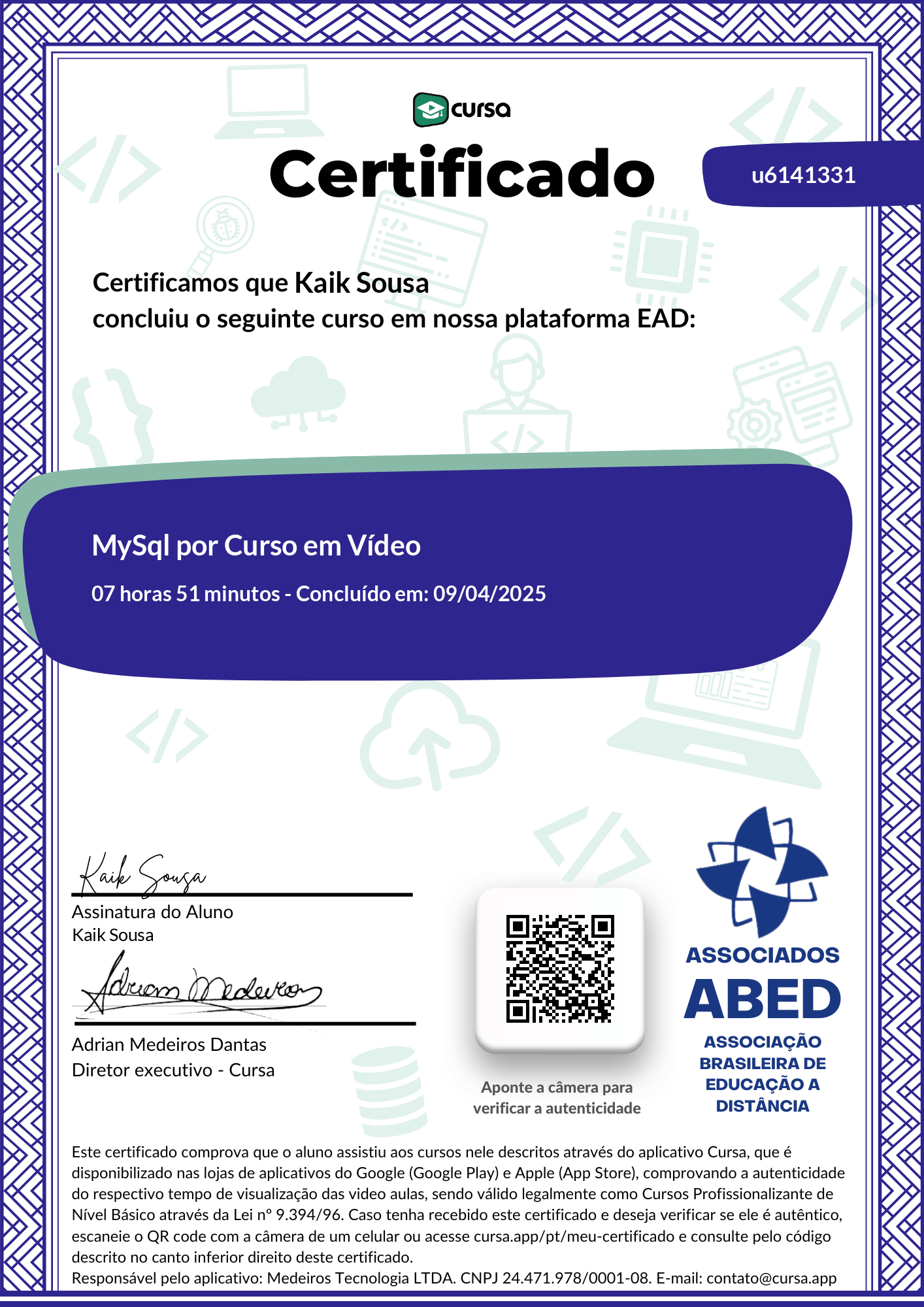 Imagem do meu Certificado gratuito de conclusão de curso.