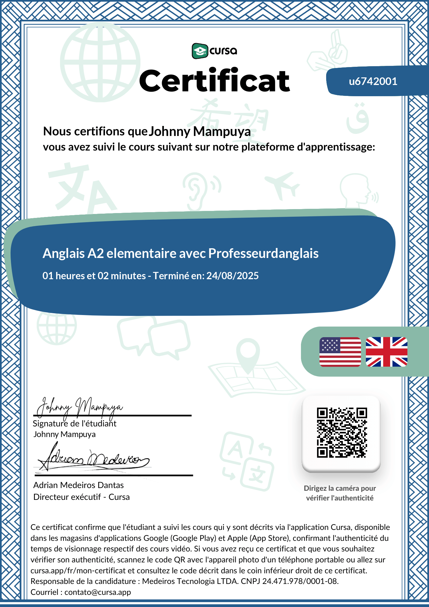 Image de mon certificat de fin de cours gratuit.