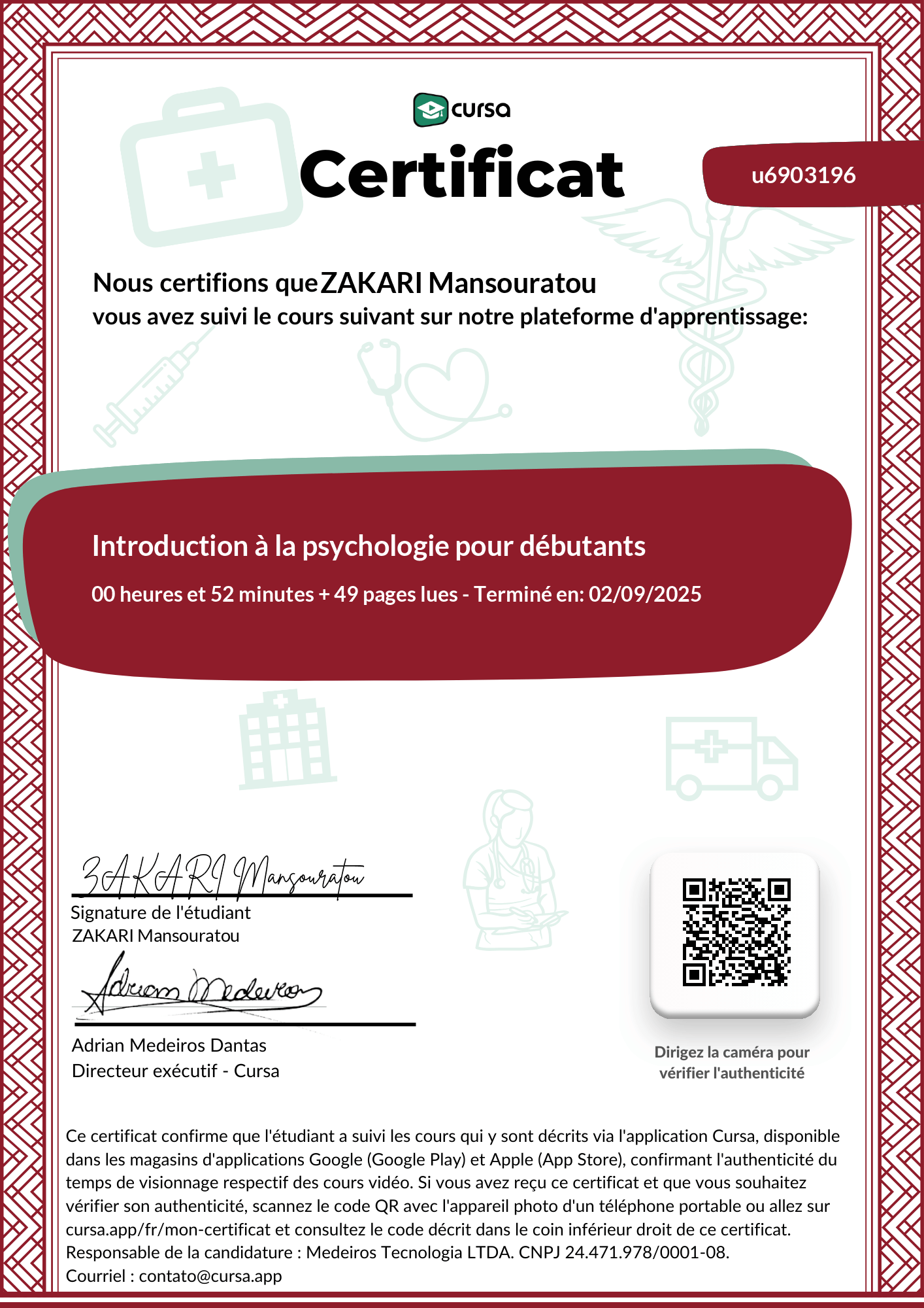 Image de mon certificat de fin de cours gratuit.
