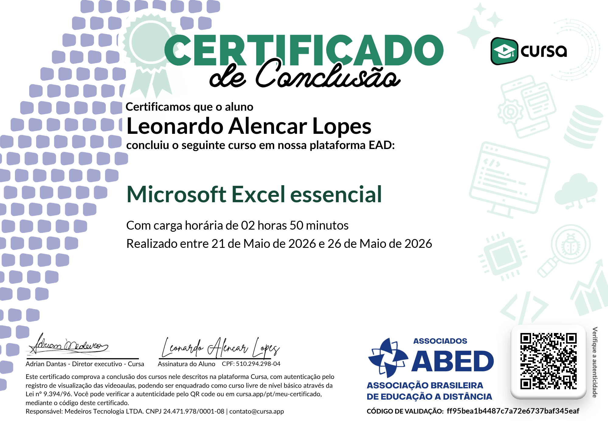 Imagem do meu Certificado gratuito de conclusão de curso.