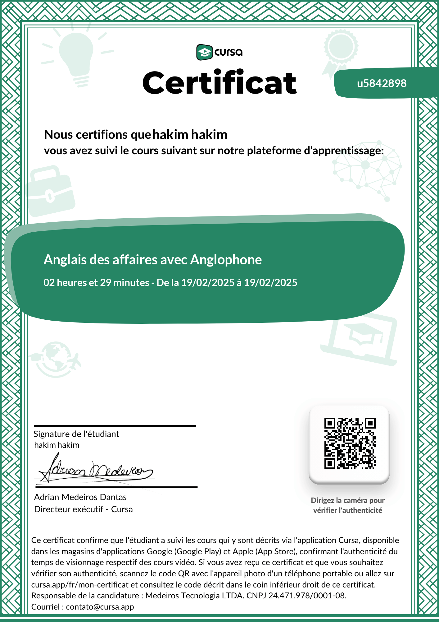 Image de mon certificat de fin de cours gratuit.