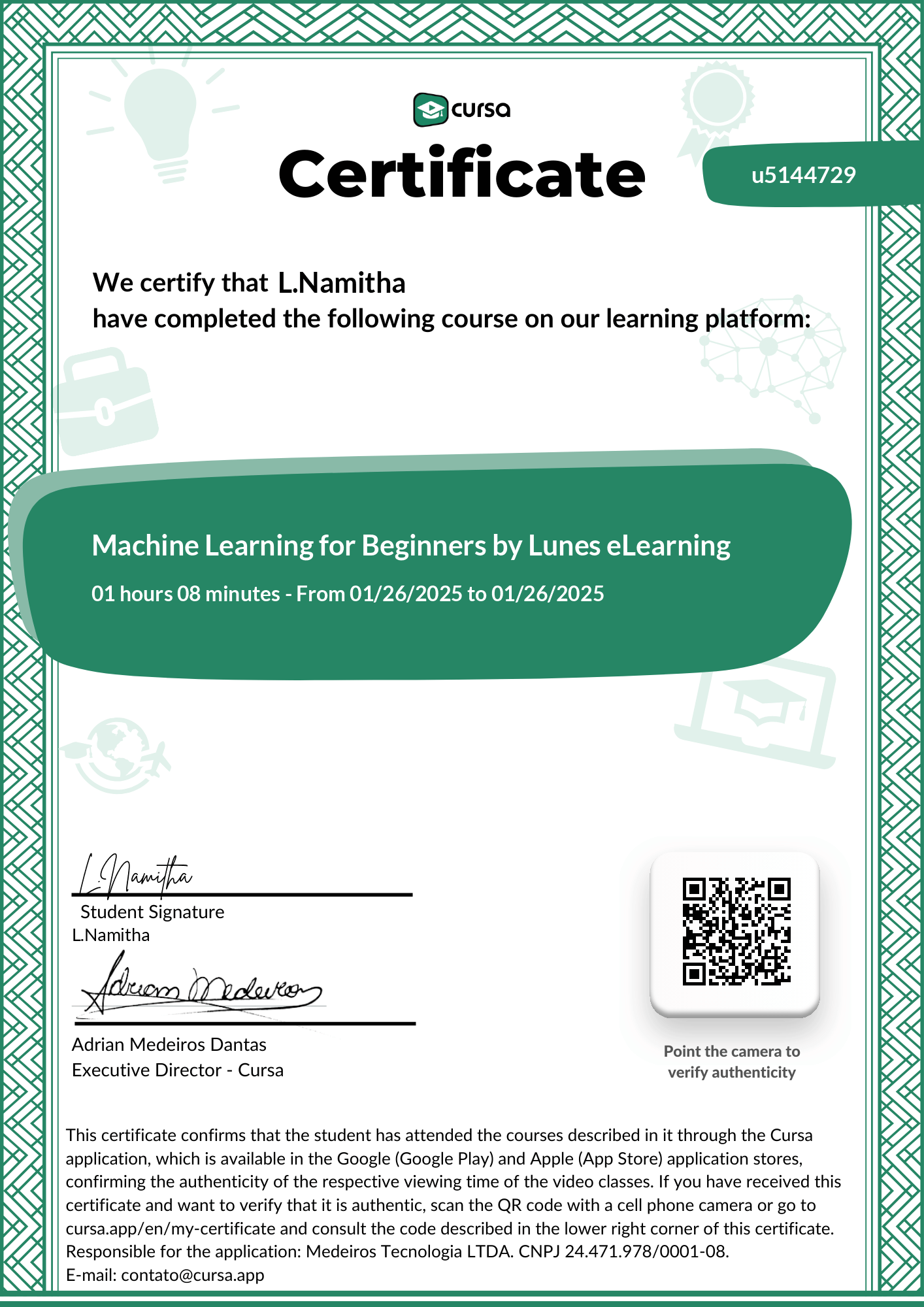 Image of my free Course Completion Certificate.