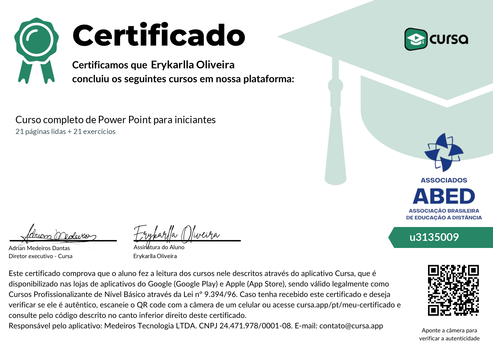 Imagem do meu Certificado gratuito de conclusão de curso.