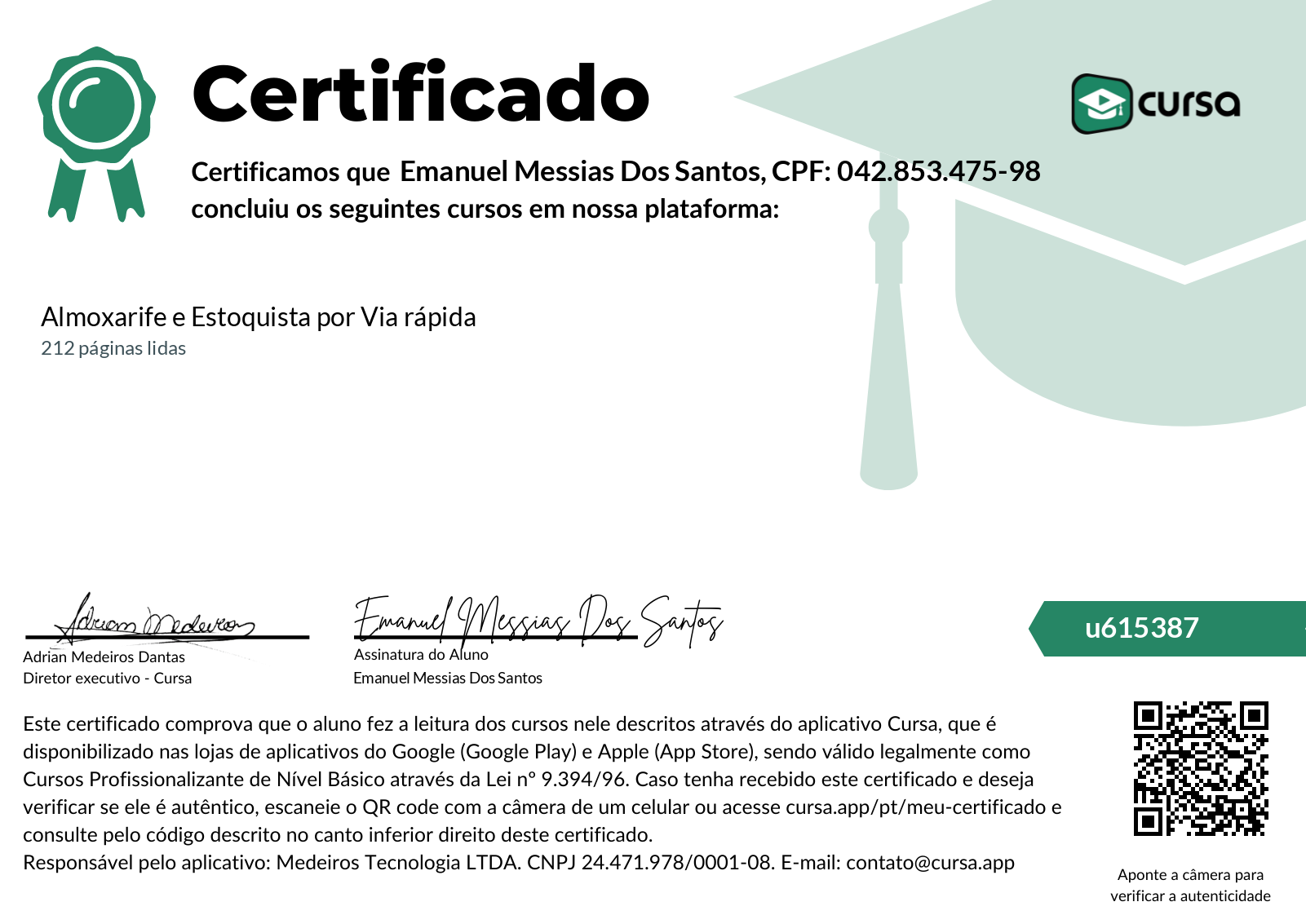 Imagem do meu Certificado gratuito de conclusão de curso.
