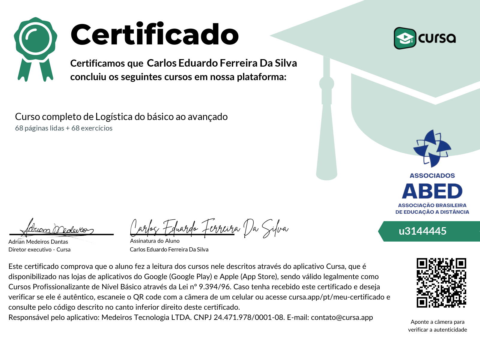 Imagem do meu Certificado gratuito de conclusão de curso.