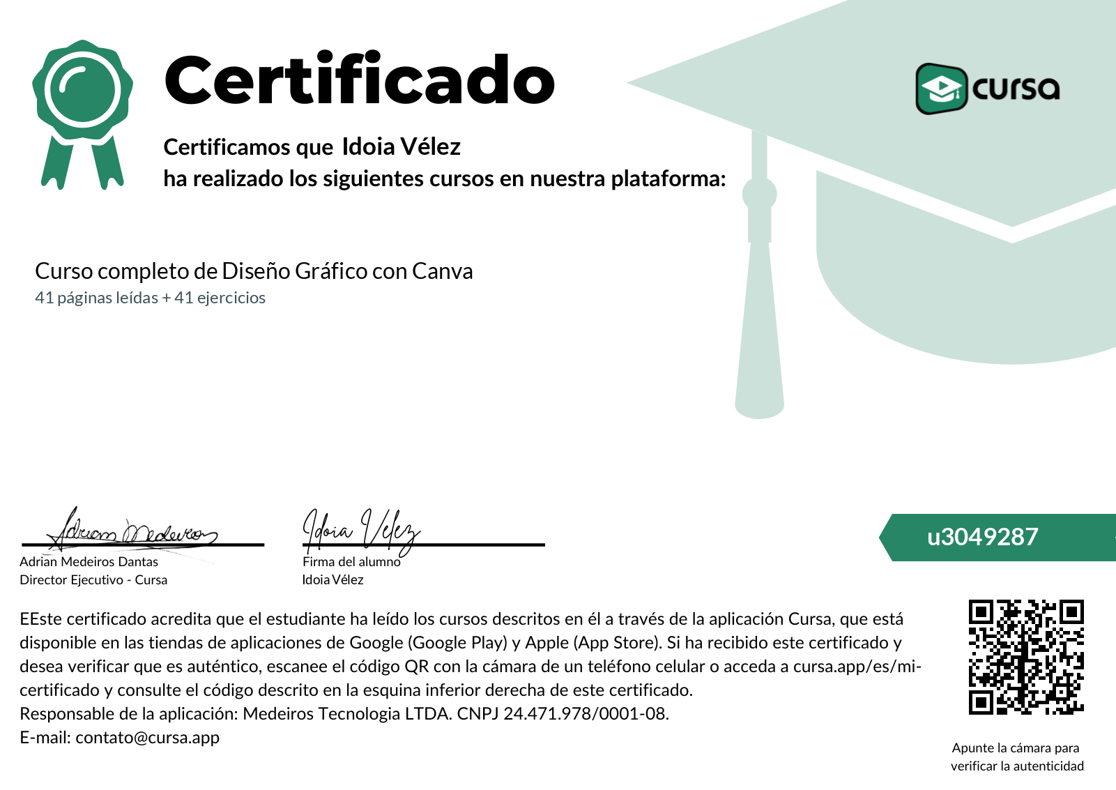 Imagen de mi Certificado de finalización del curso gratuito.