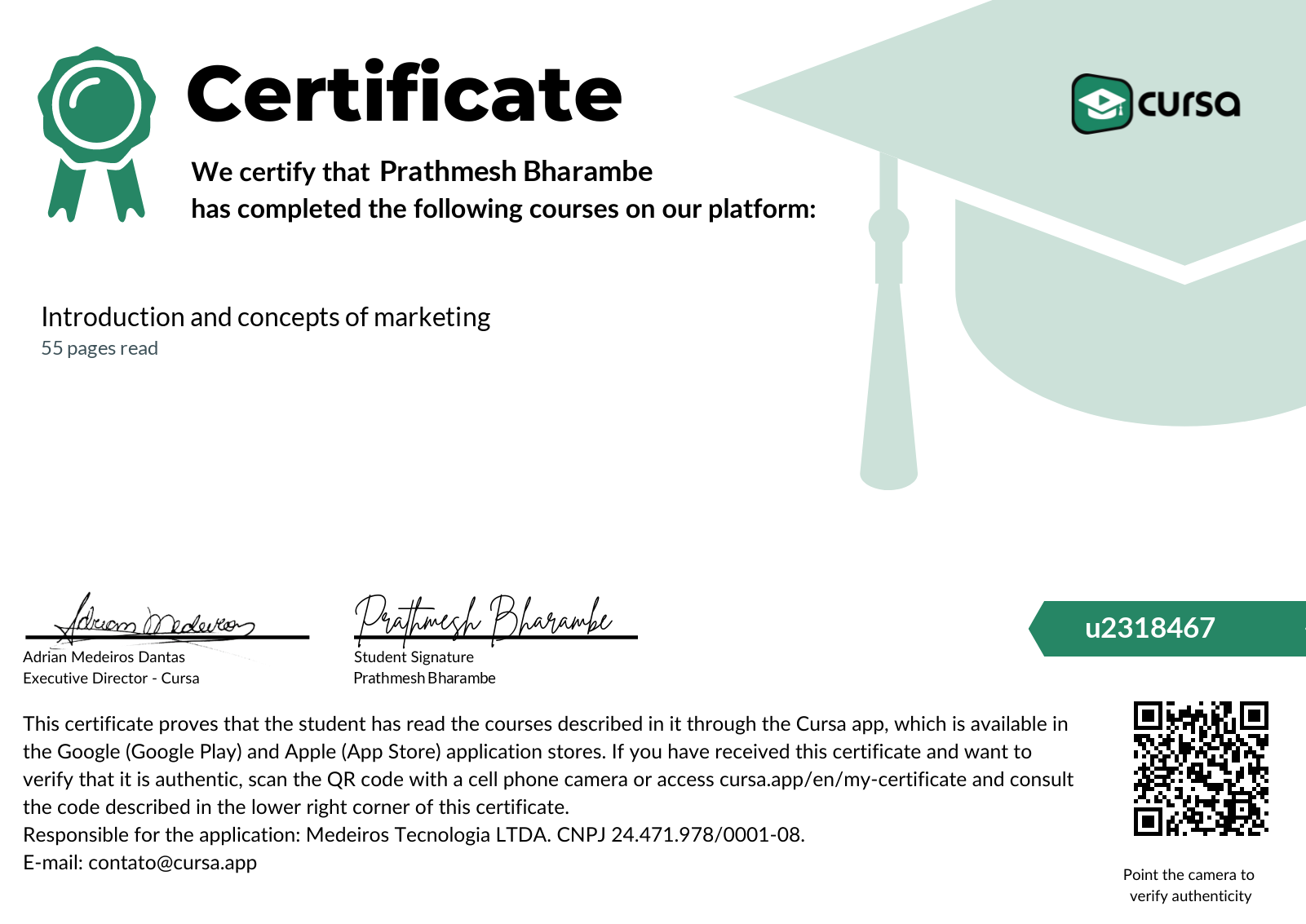 Image of my free Course Completion Certificate.