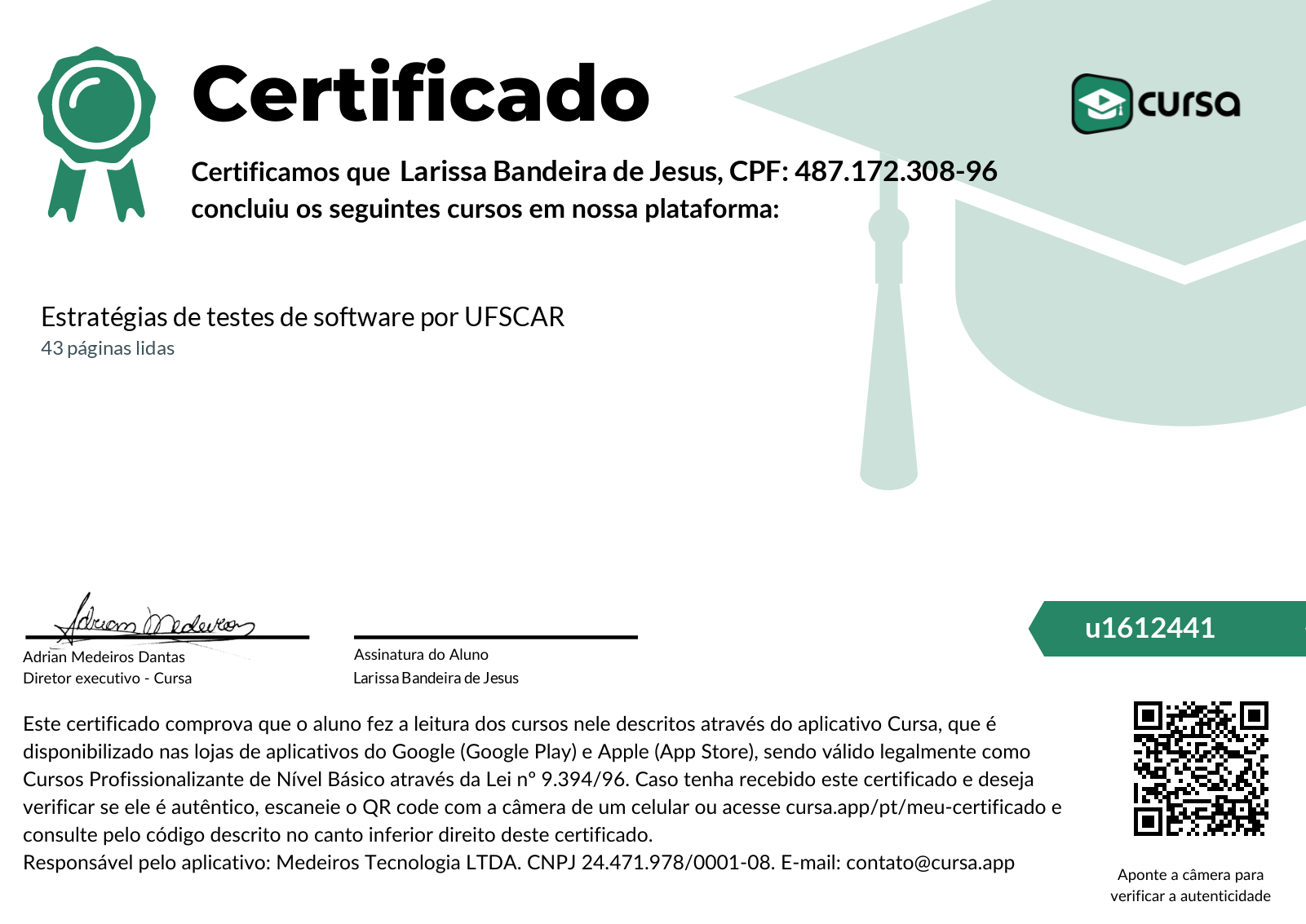 Imagem do meu Certificado gratuito de conclusão de curso.