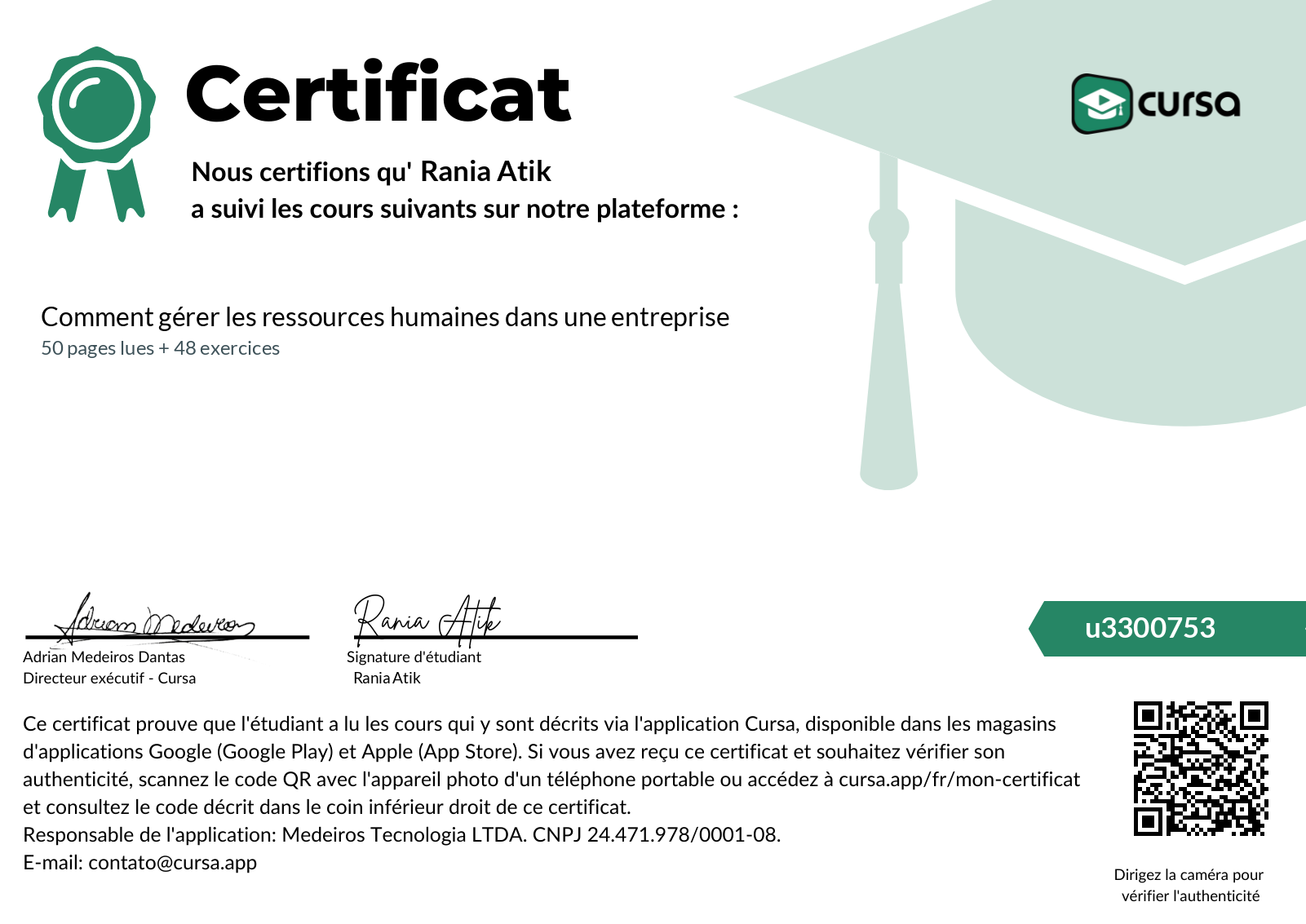 Image de mon certificat de fin de cours gratuit.