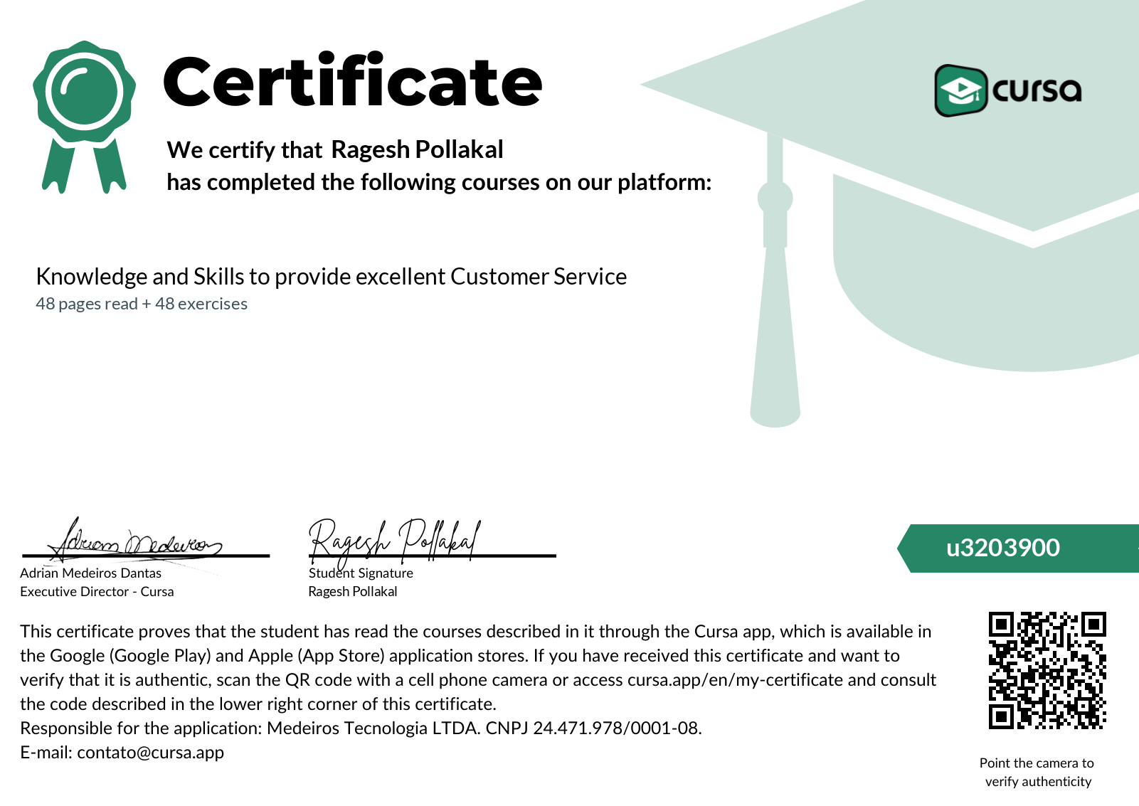 Image of my free Course Completion Certificate.