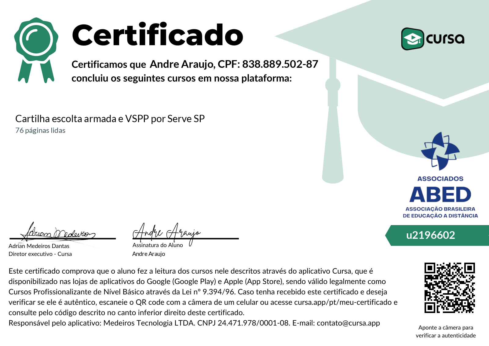 Imagem do meu Certificado gratuito de conclusão de curso.