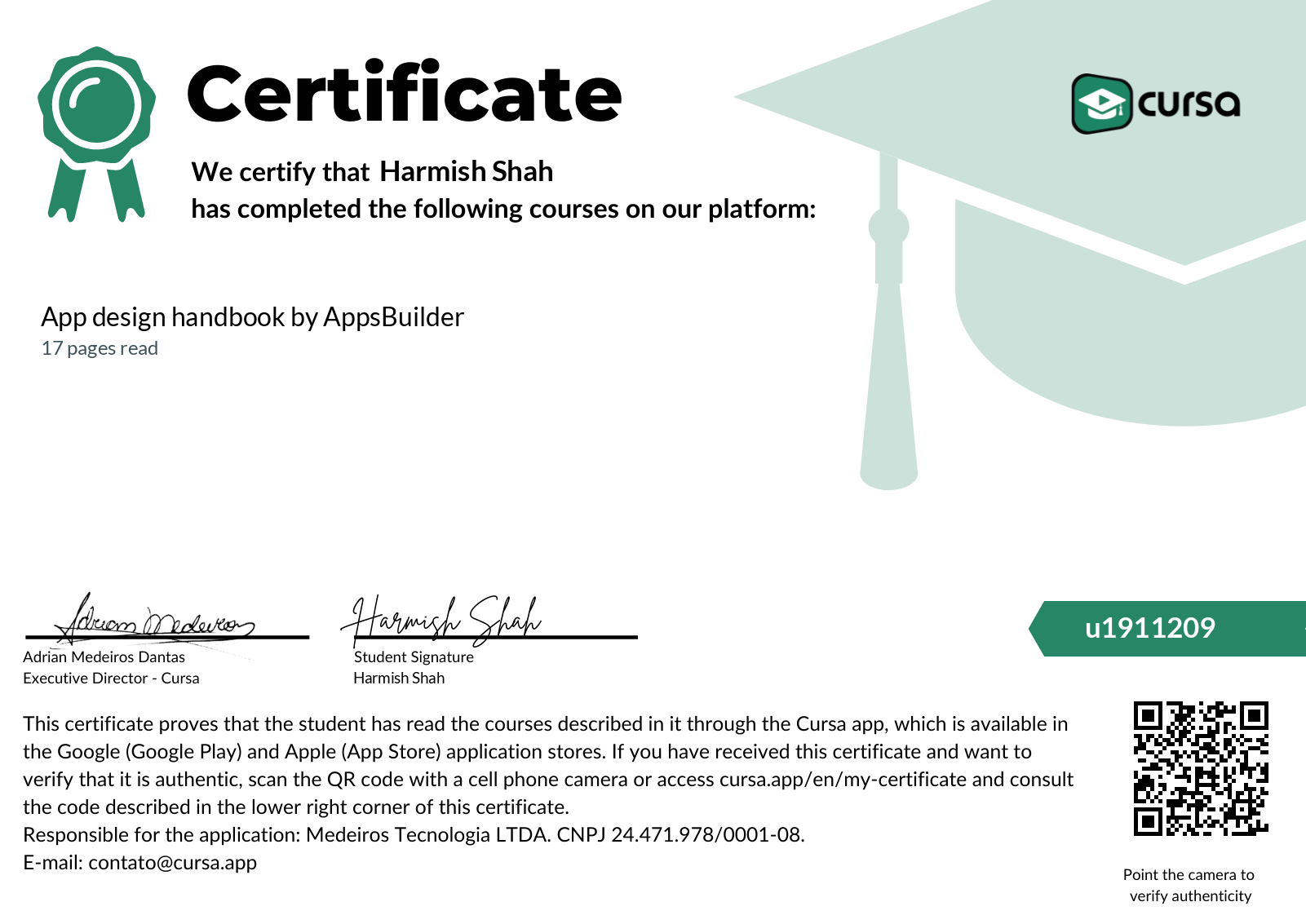 Image of my free Course Completion Certificate.