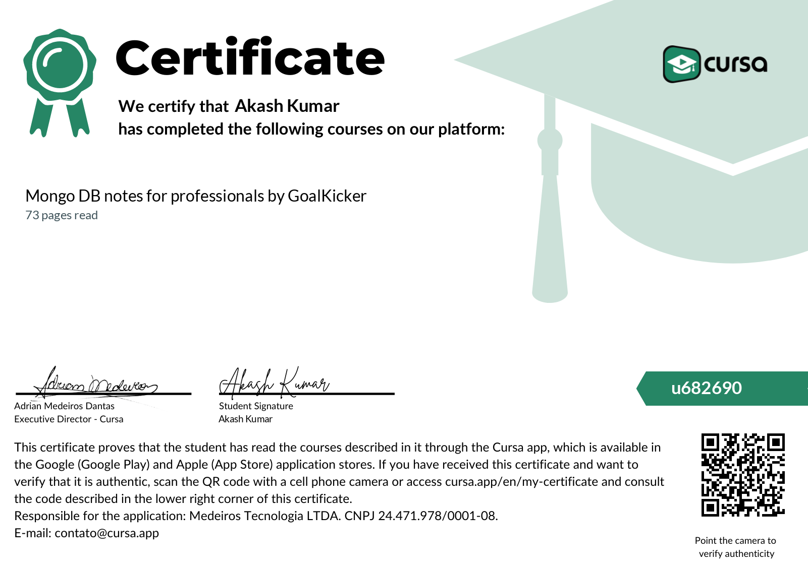 Image of my free Course Completion Certificate.