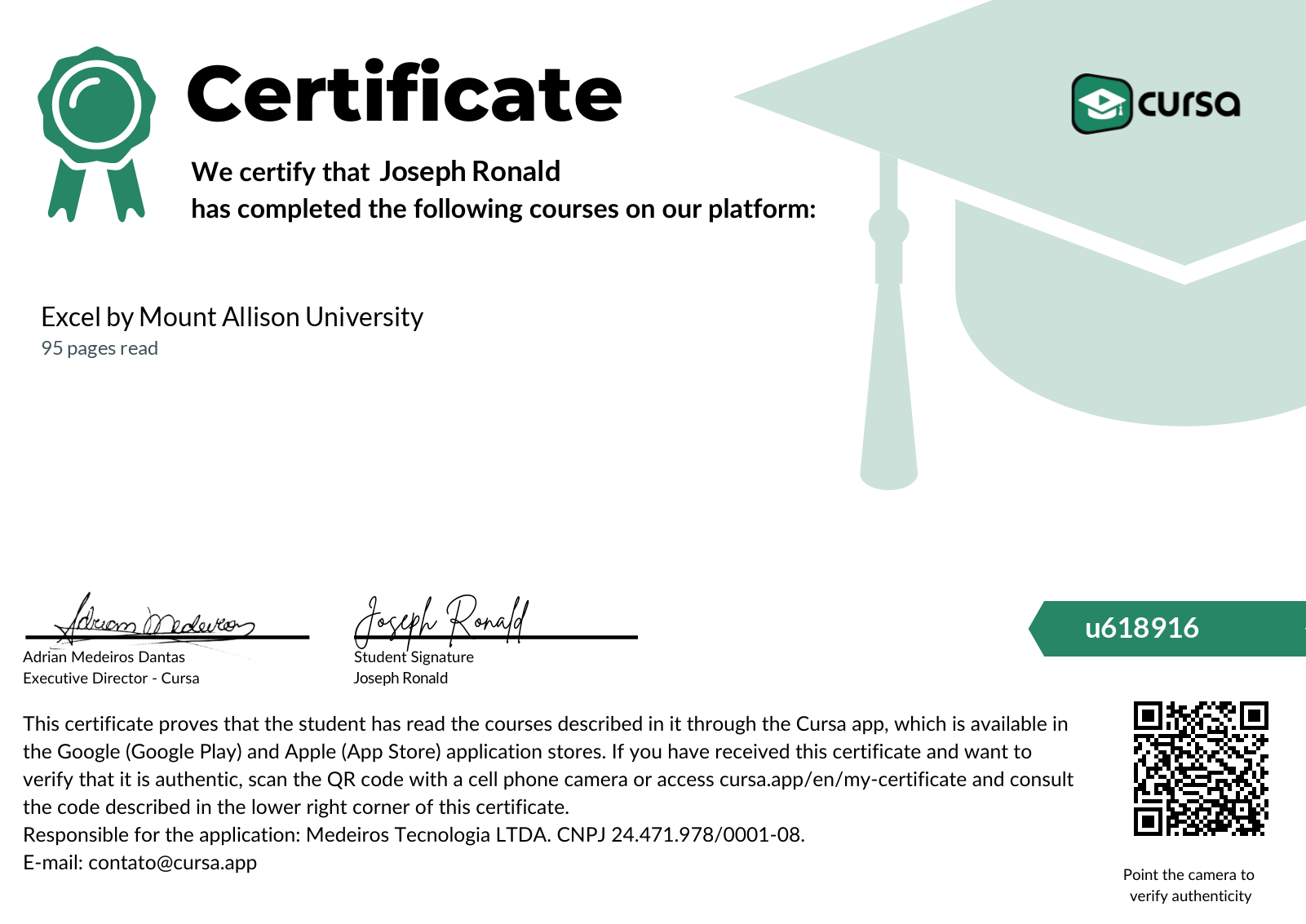 Image of my free Course Completion Certificate.