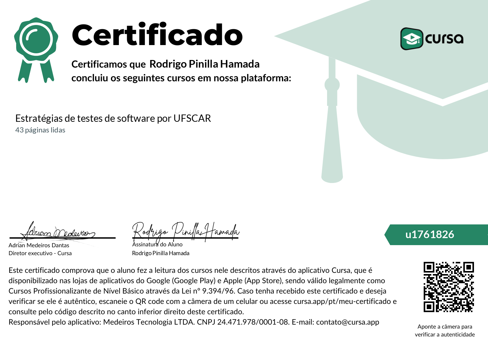 Imagem do meu Certificado gratuito de conclusão de curso.