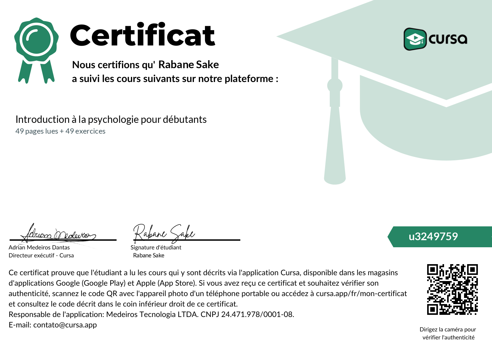 Image de mon certificat de fin de cours gratuit.