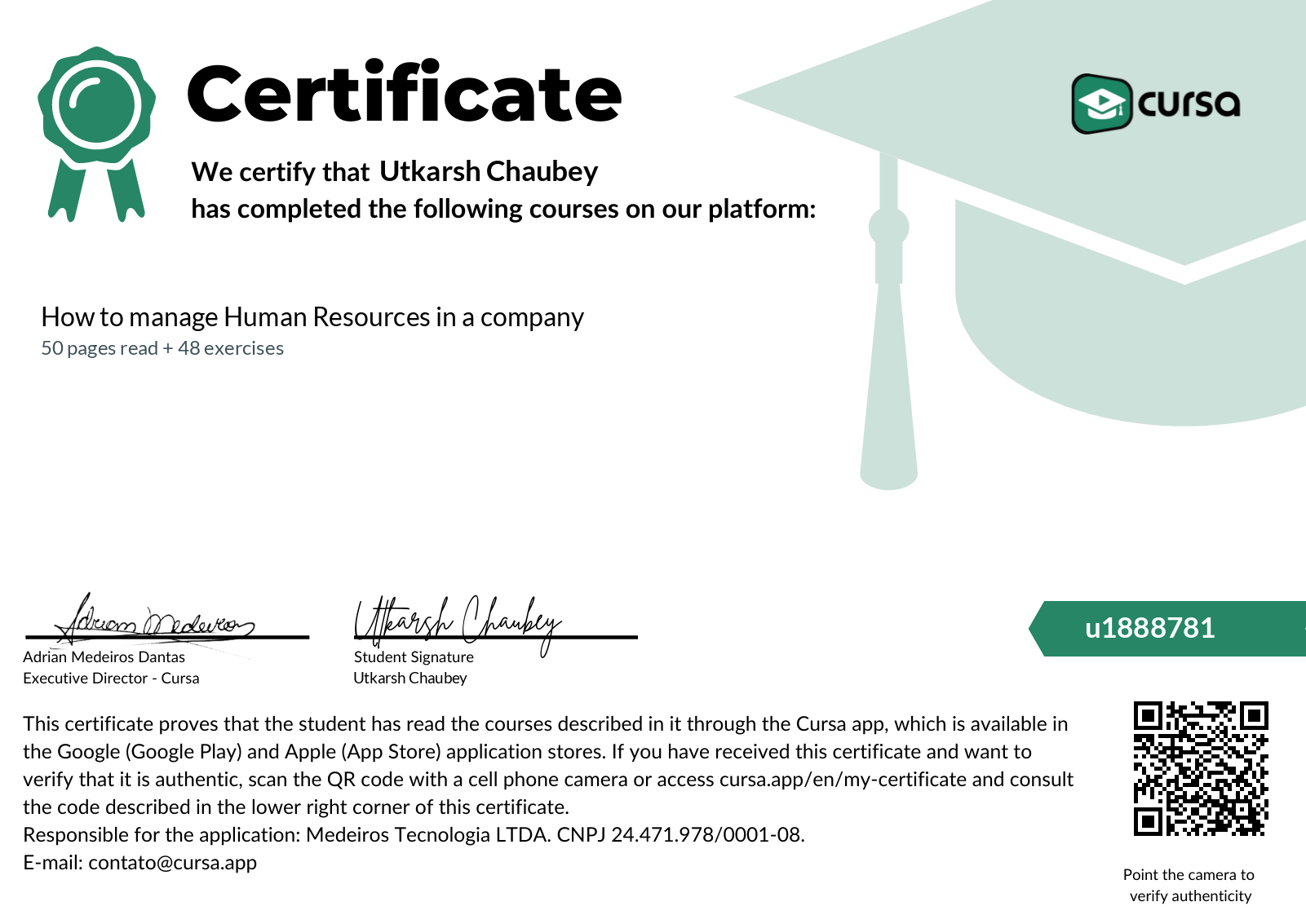 Image of my free Course Completion Certificate.