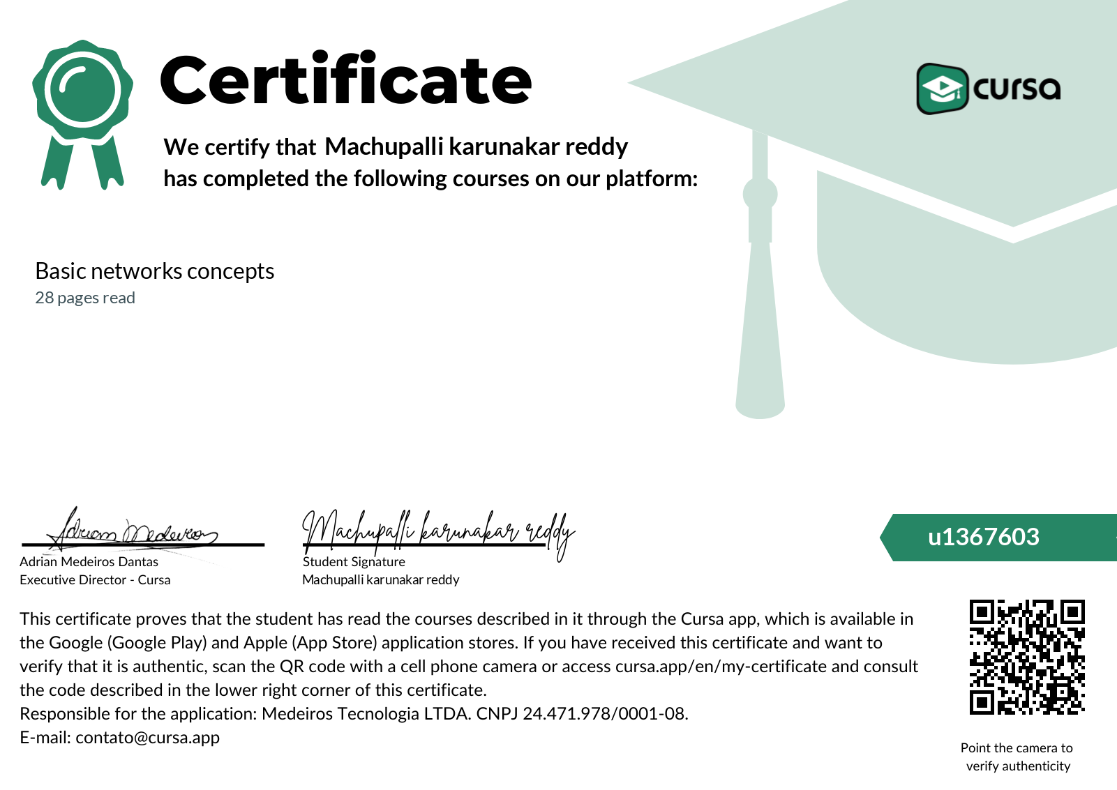 Image of my free Course Completion Certificate.