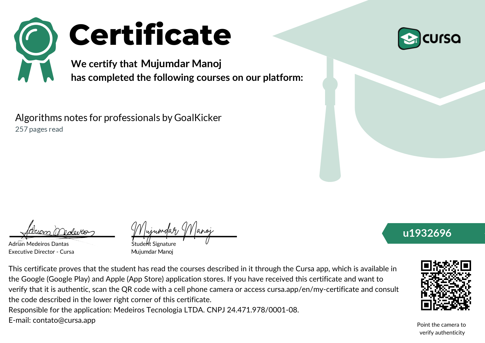 Image of my free Course Completion Certificate.