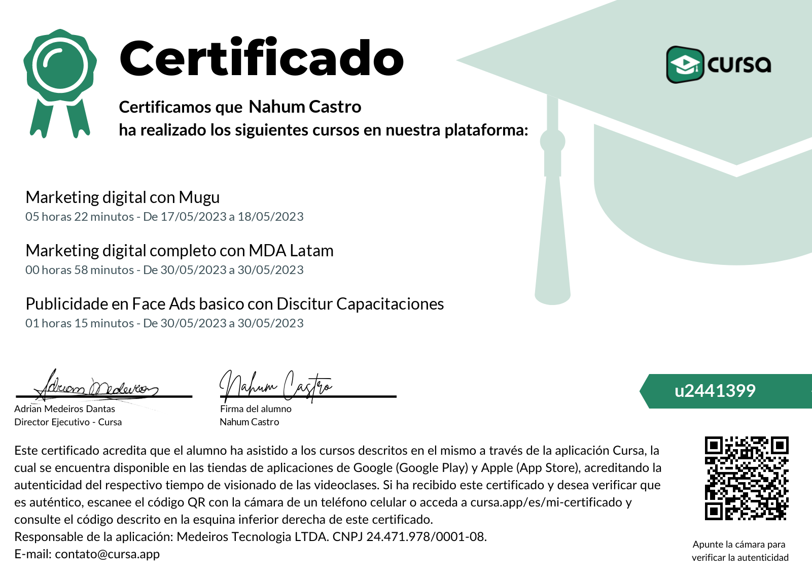Imagen de mi Certificado de finalización del curso gratuito.