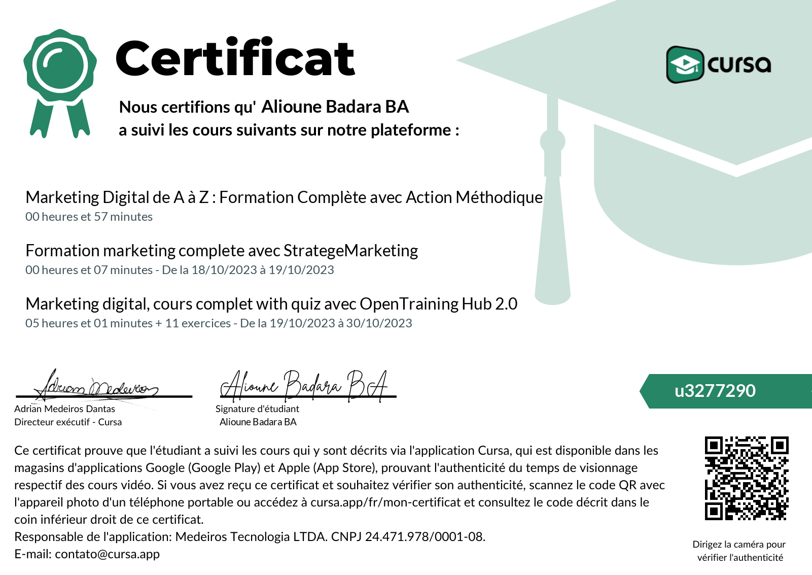 Image de mon certificat de fin de cours gratuit.