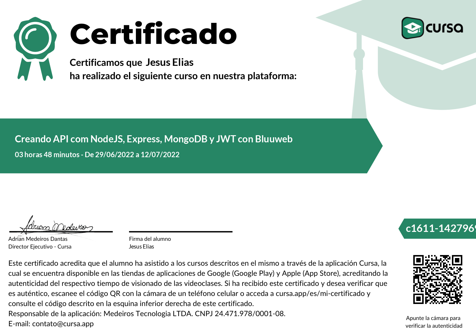 Imagen de mi Certificado de finalización del curso gratuito.