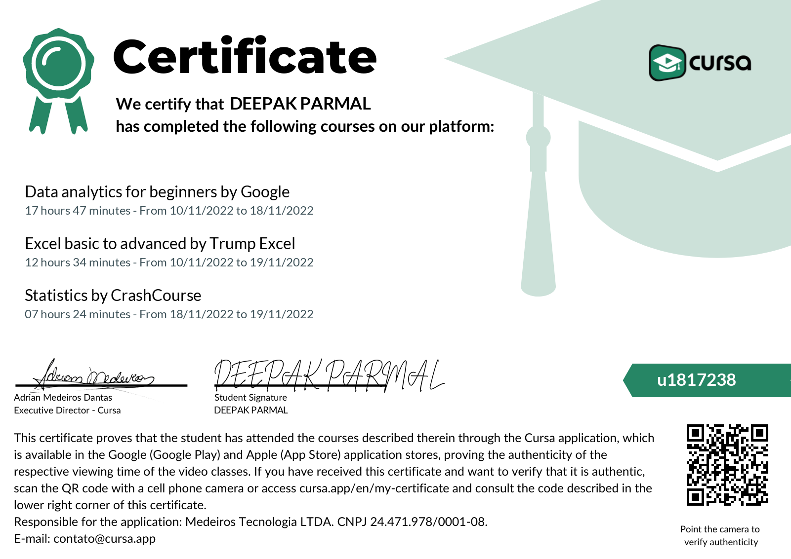 Image of my free Course Completion Certificate.