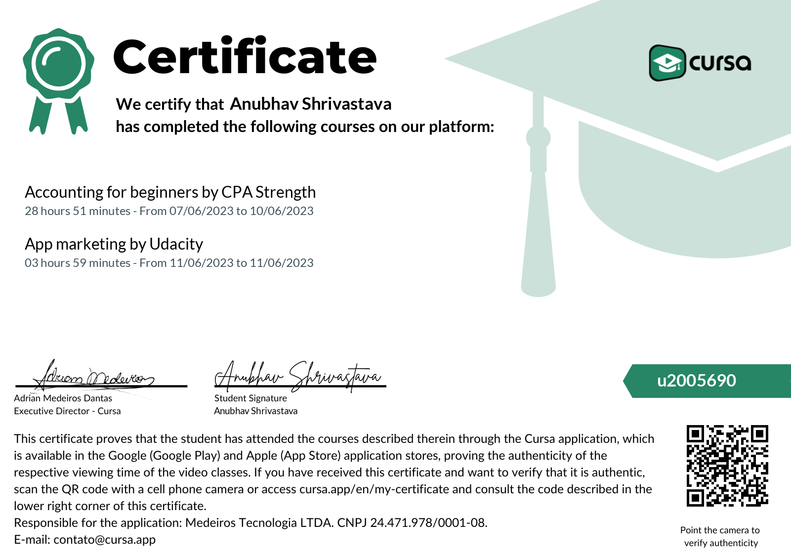 Image of my free Course Completion Certificate.