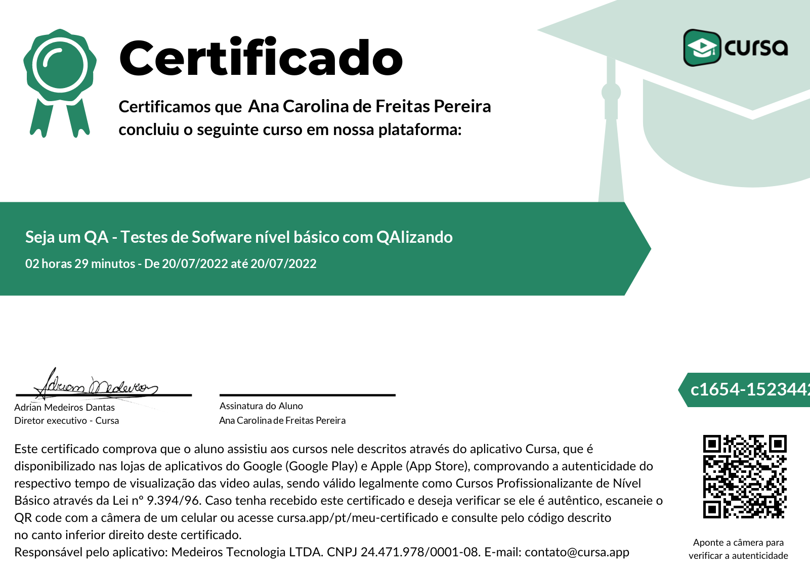 Imagem do meu Certificado gratuito de conclusão de curso.