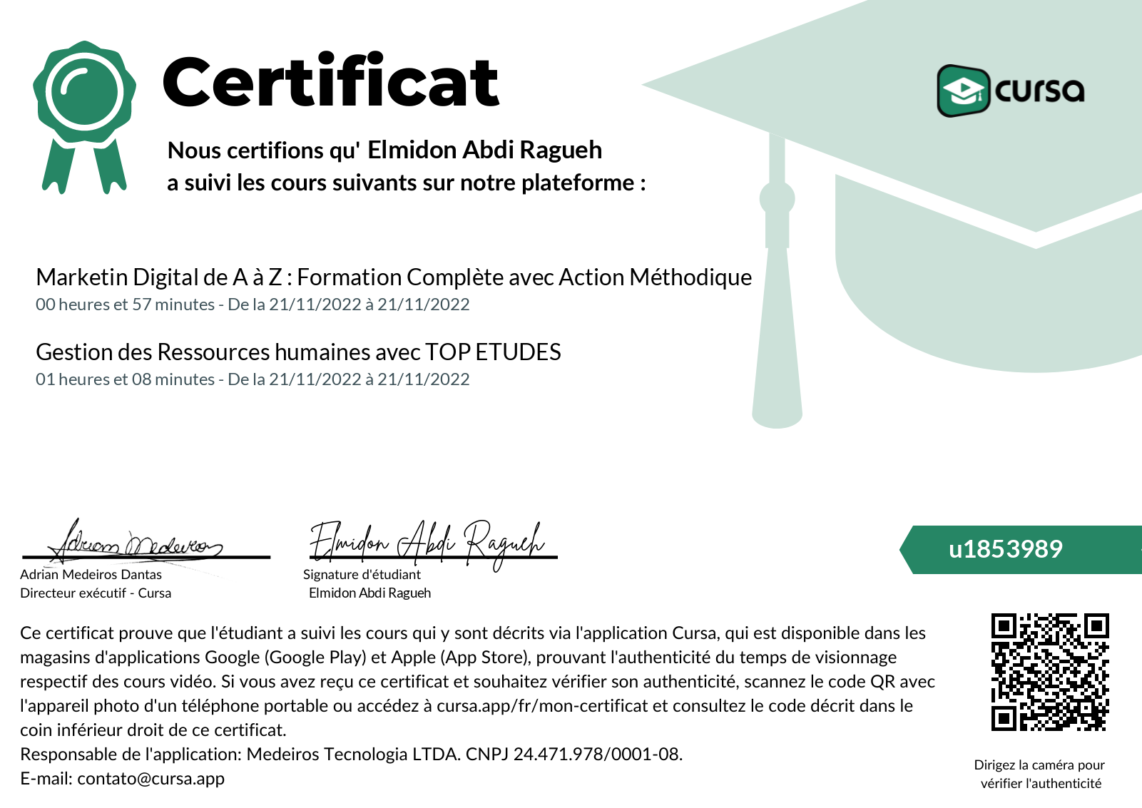 Image de mon certificat de fin de cours gratuit.