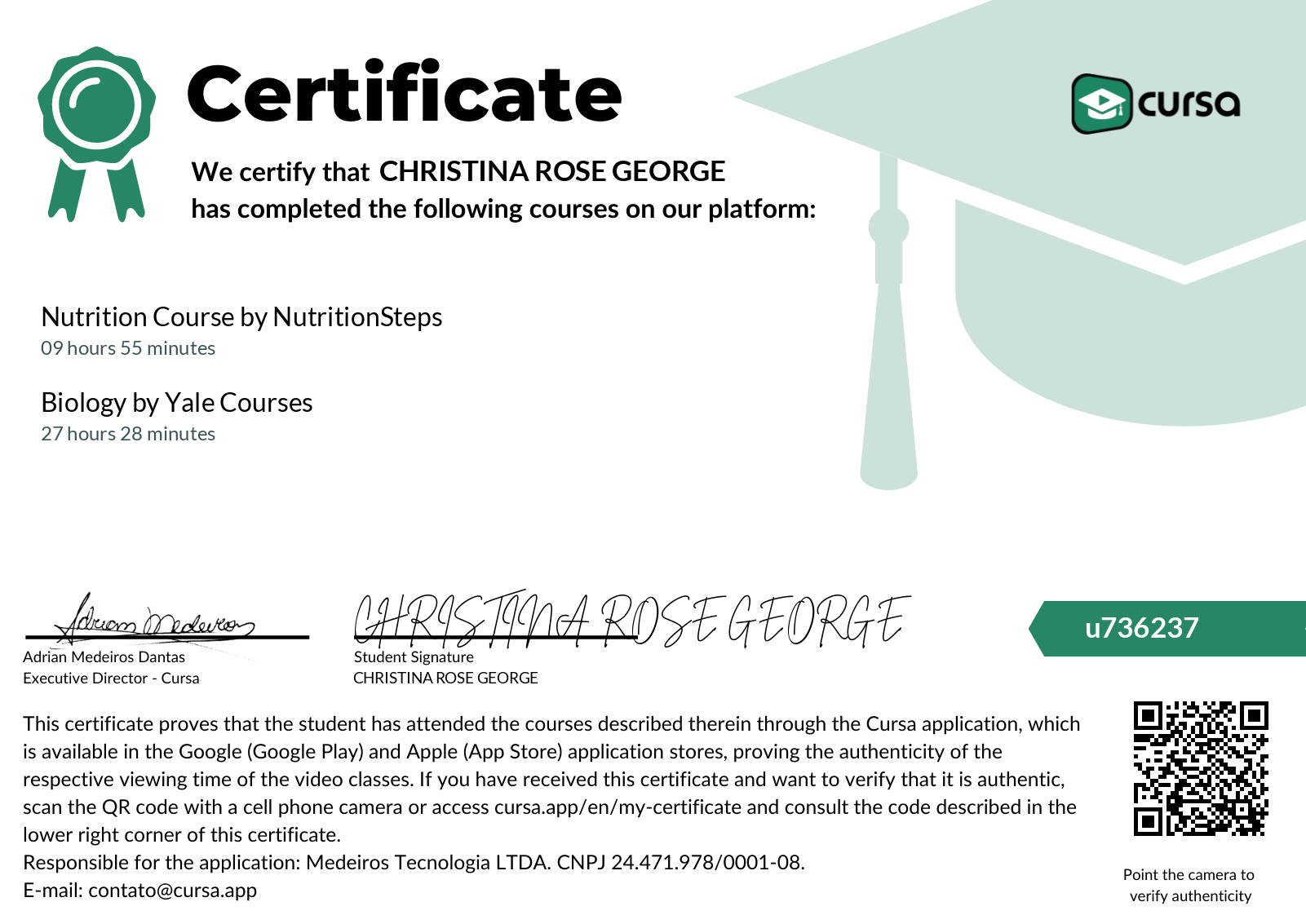 Image of my free Course Completion Certificate.