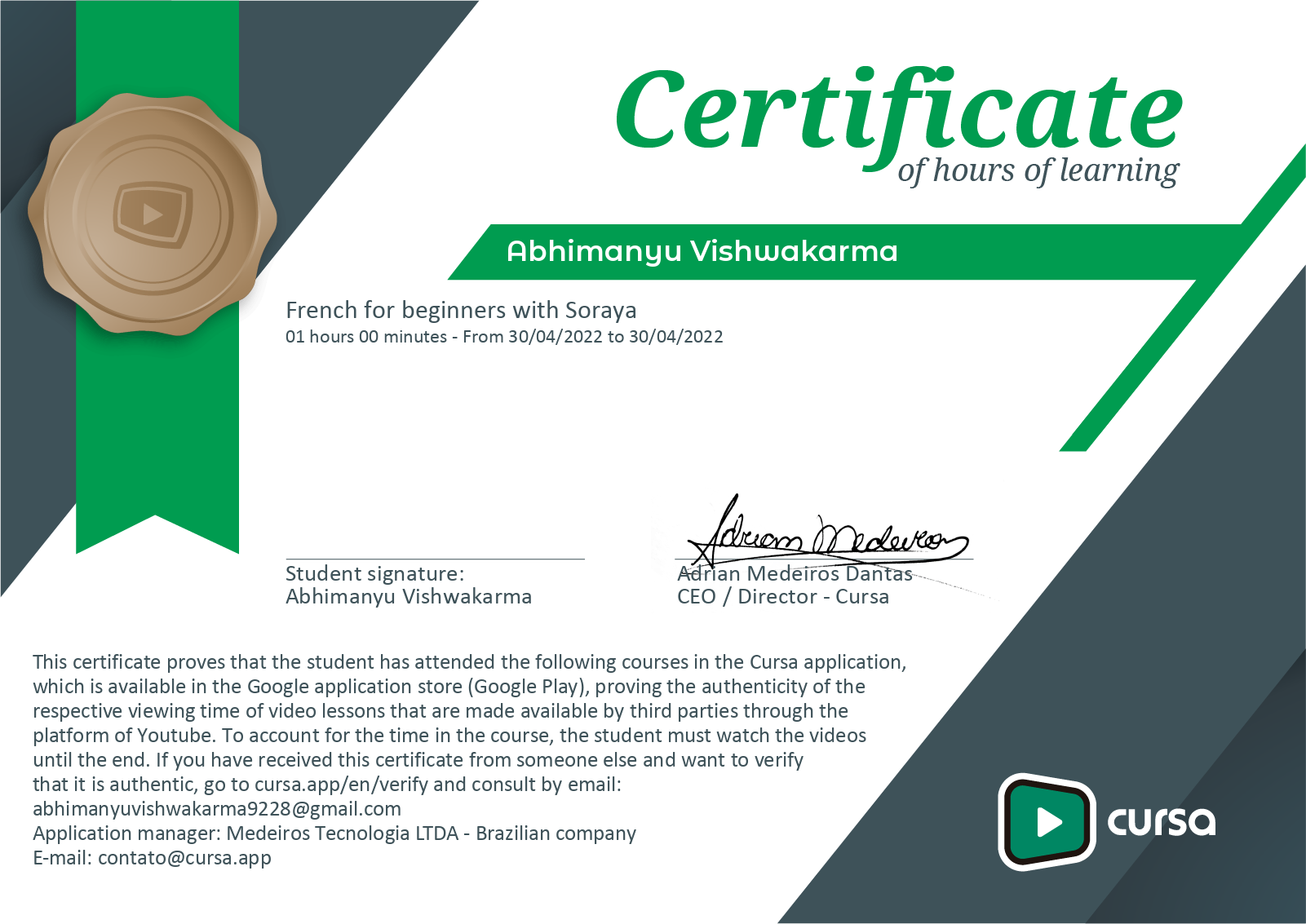 My certificate on Cursa! | Cursa: Free Online Courses + Free Certificate